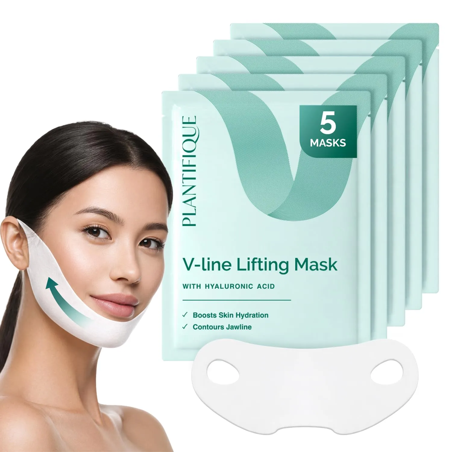PLANTIFIQUE Doppio Mento Cintura Viso V-Line | Maschere Rassodanti per un Contorno Viso Scolpito e Tonico | Soluzione Naturale per un Aspetto Giovane e Fresco | 5 Maschere