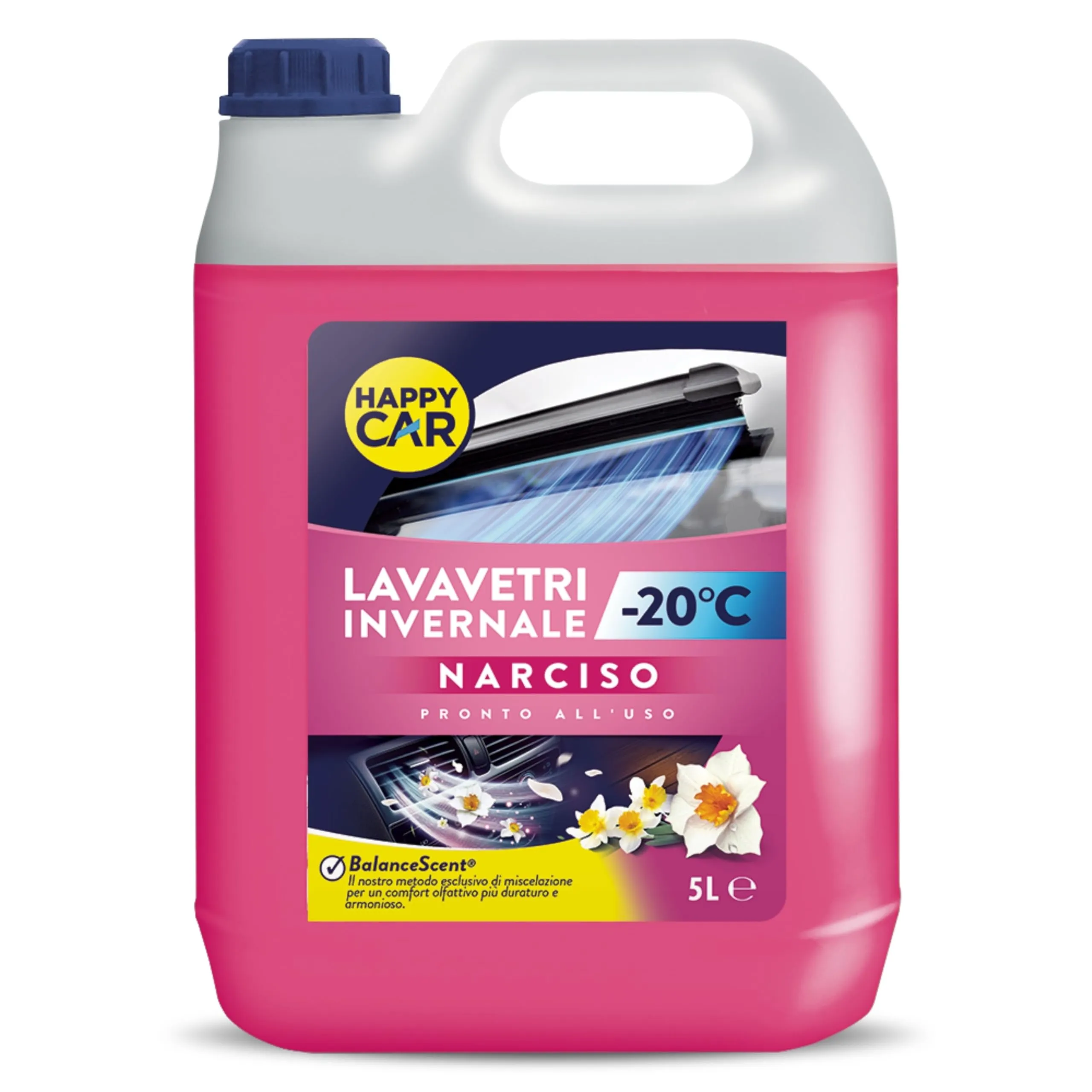 Happy Car - Liquido Lavavetri Invernale -20°C, Detergente per Cristalli Auto, Azione Sgrassante, Rimuove Sporco e Traffic Film, Pronto all’Uso, Profumato, 5L