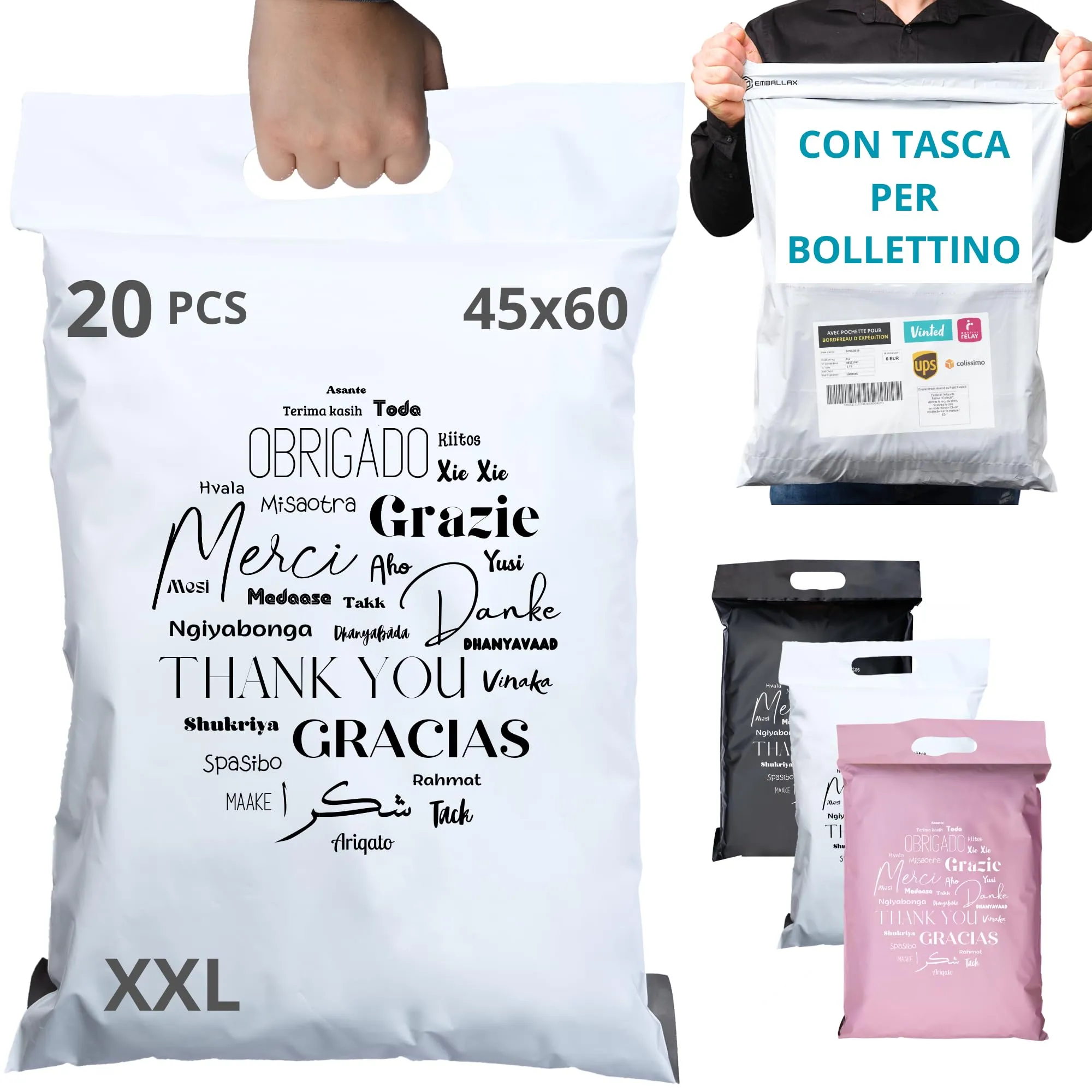 EMBALLAX - 20 Buste per Spedizioni Vinted grandi CON TASCA PER BOLLETTINO - XXL 60x45cm - NON TRANSPARENTI/RESISTENTI - Sacchetti Spedizione in Plastica - Pochette per Spedizioni Postali - grazie