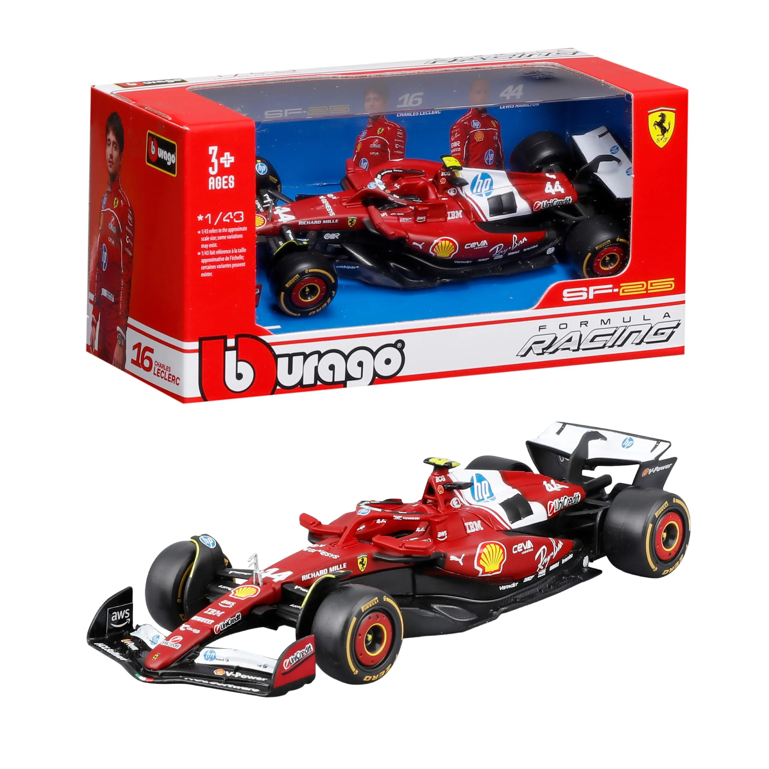 Bburago - Ferrari SF-25 F1 2025#44 Hamilton, Auto Diecast in Scala 1:43, Replica Dettagliata Monoposto Ferrari Formula 1, Licenza Ufficiale Ferrari, Età Consigliata 3+ Anni