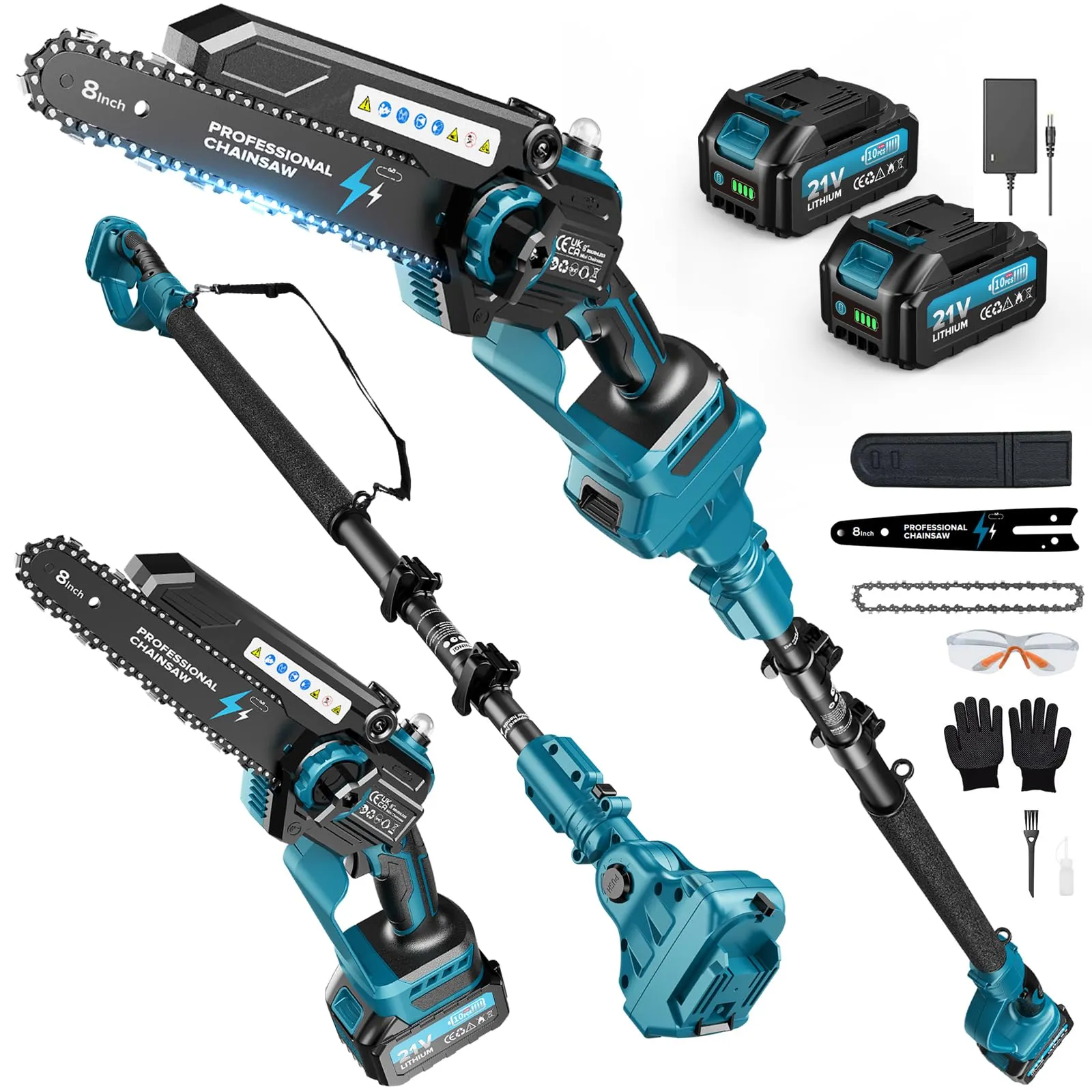 2-in-1 Mini Motosega a Batteria con Asta Telescopica, 8 Pollici Motosega Telescopica Senza Spazzole con 2x4000mAh Batterie, Altezza Di Lavoro 4m