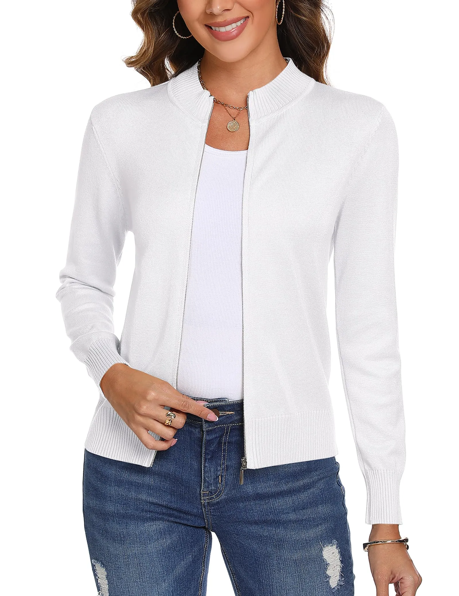 Aottori Cardigan Donna con Zip Maglione Cerniera Leggero Giacca in Maglia Elegante Golfino a Maniche Lunghe Pullover Aperta Casual per Primavera Autunno Invernale Bianco XL