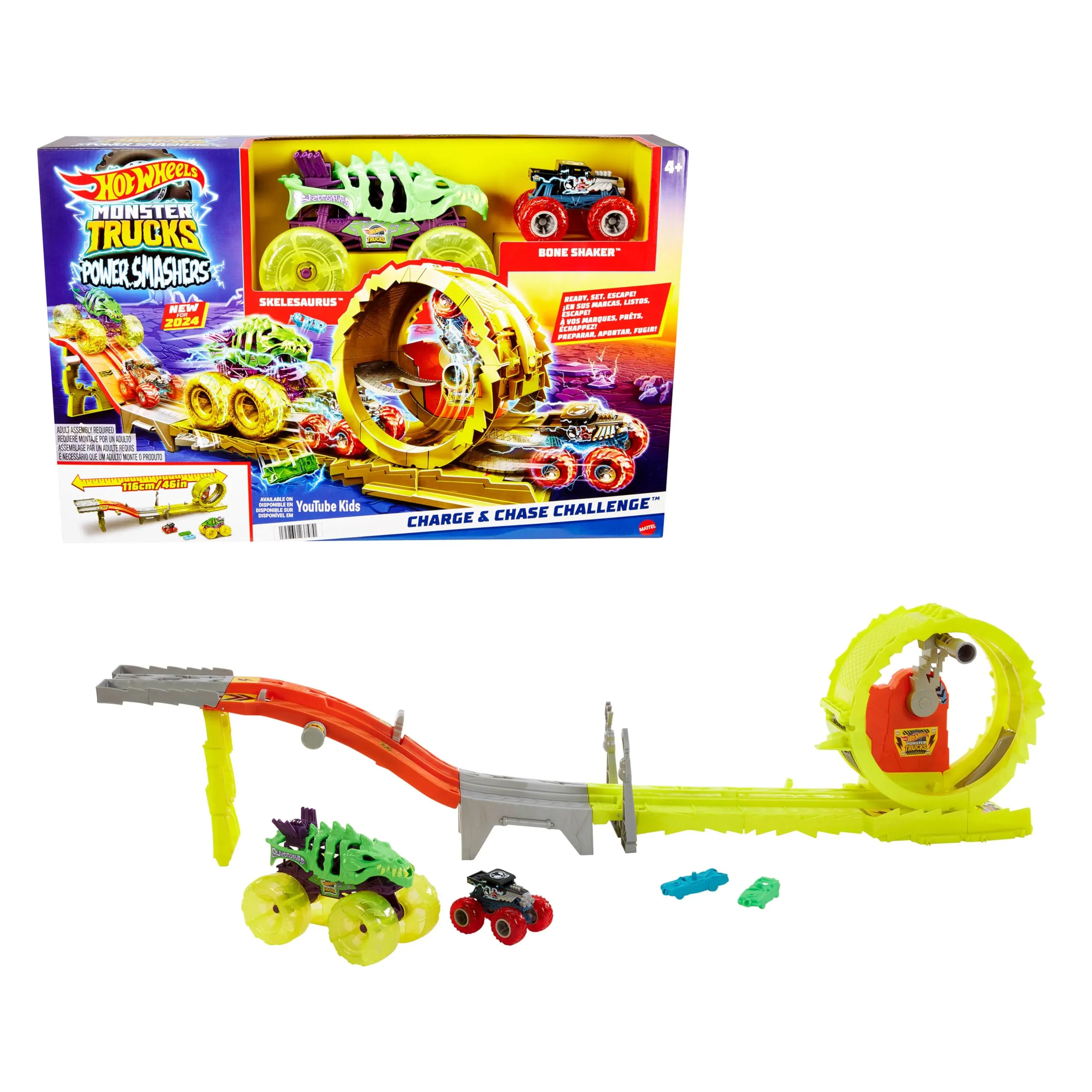 Hot Wheels Monster Trucks - Sfida, Carica e Insegui, set pista con 2 truck in scala 1:64 Skelesaurus oversize e Bone Shaker e 2 auto schiacciate inclusi, giocattolo per bambini, 4+ anni, HYT07