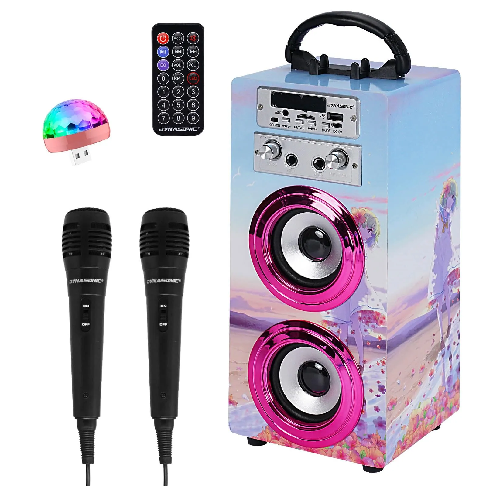 DYNASONIC Macchina Karaoke Portatile, 2 Microfoni, Altoparlante Bluetooth, Luci, Lettore USB e SD (025-17 lights)