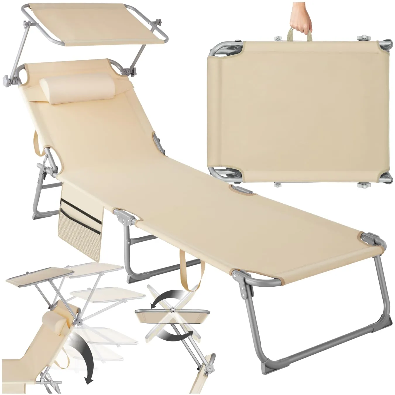 TecTake® Sdraio Pieghevole, 4 Posizioni, Cuscino Poggiatesta, Idrorepellente, aio da Giardino, Lettino Prendisole, Arredo Giardino, Terrazzo, Sdraia da Balcone, Piscina e Spiaggia - Beige
