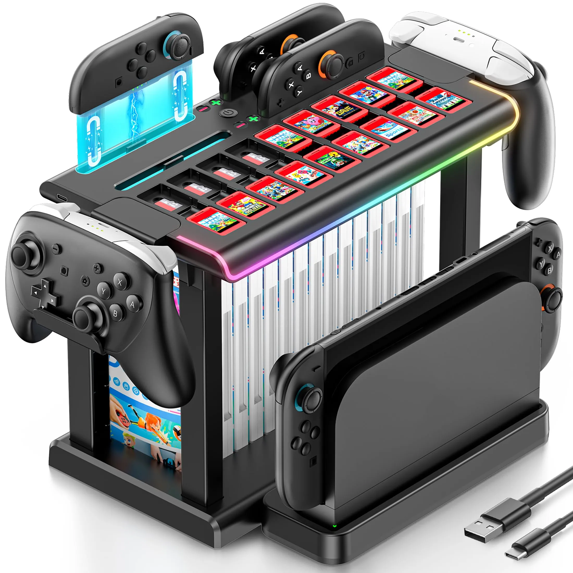 Supporto di Organizzazione per Switch 2 con Caricatore Joy-Con 2, Base di Archiviazione per Switch 2025, Luce RGB Base di Ricarica Magnetica Joy-con 2 con 16 Slot per Schede di Gioco e TV Dock