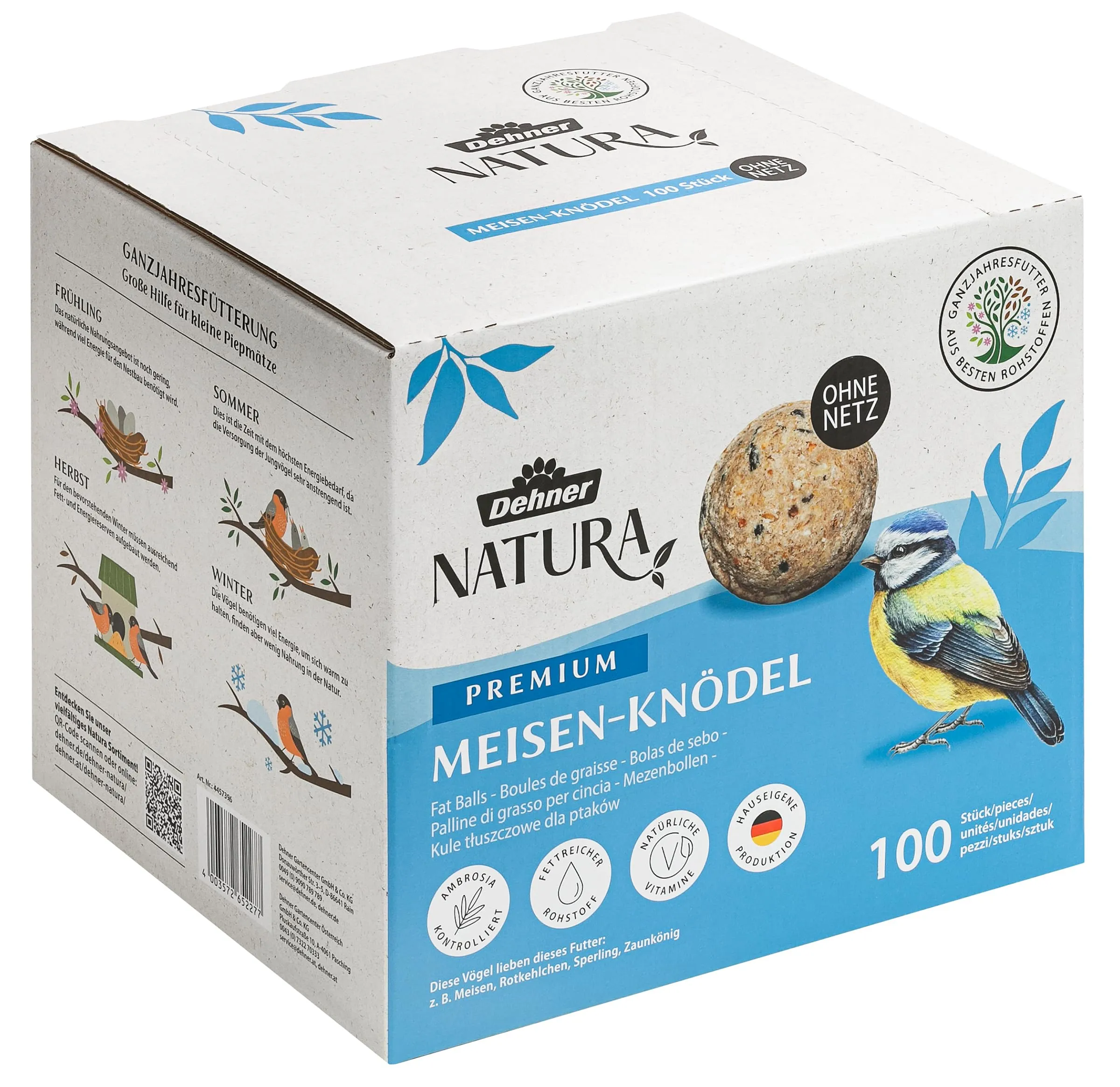 Dehner Natura Premium palline per cinciallegre senza rete, ricche di proteine ed energia, cibo di alta qualità per uccelli selvatici, 100 pezzi da 90 g ciascuno (9 kg), scatola certificata FSC