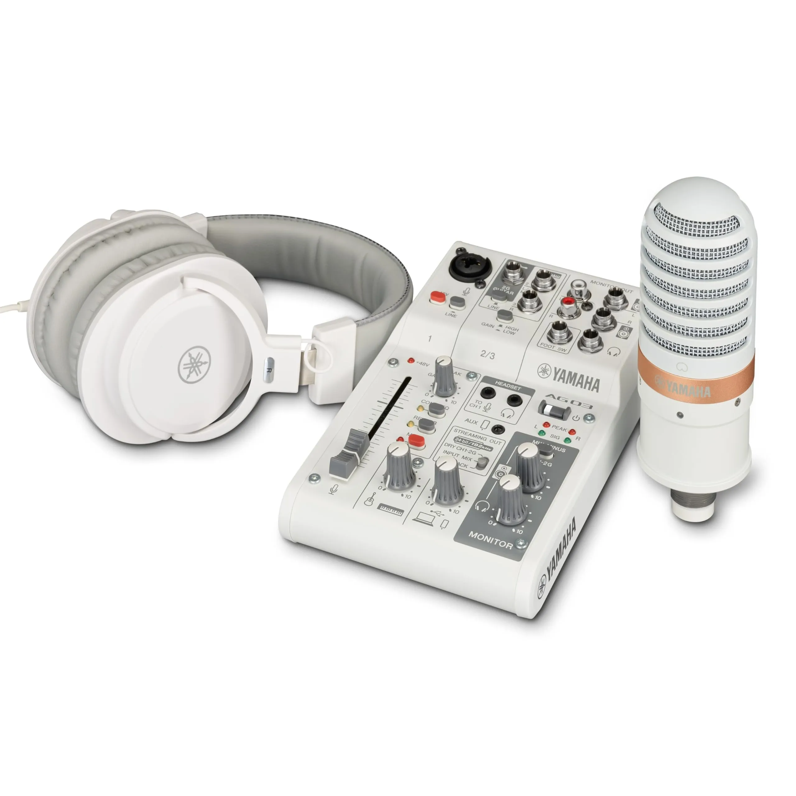Yamaha AG03MK2 All-in-One Pacchetto Streaming Live, Include Mixer a 3 Canali, Microfono a Condensatore e Cuffie, per Windows, Mac, iOS e Android, Bianco
