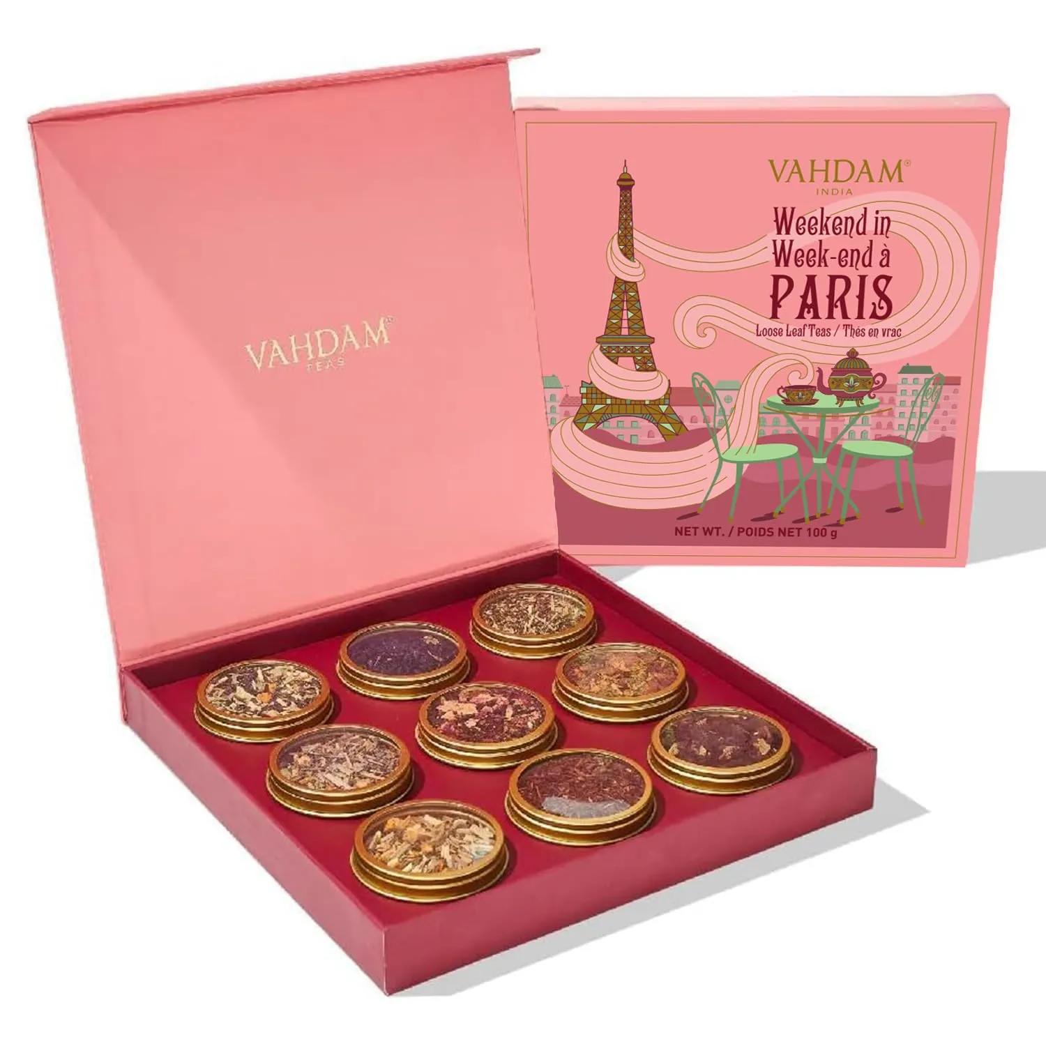 VAHDAM Set Regalo Tè Weekend a Parigi - 9 Tè Sfusi Assortiti - Tisane, Chai e Tè Nero - Confezione Regalo Edizione da Viaggio |-Idee Regalo per Donna e Uomo - Sigillato Sottovuoto per Freschezza