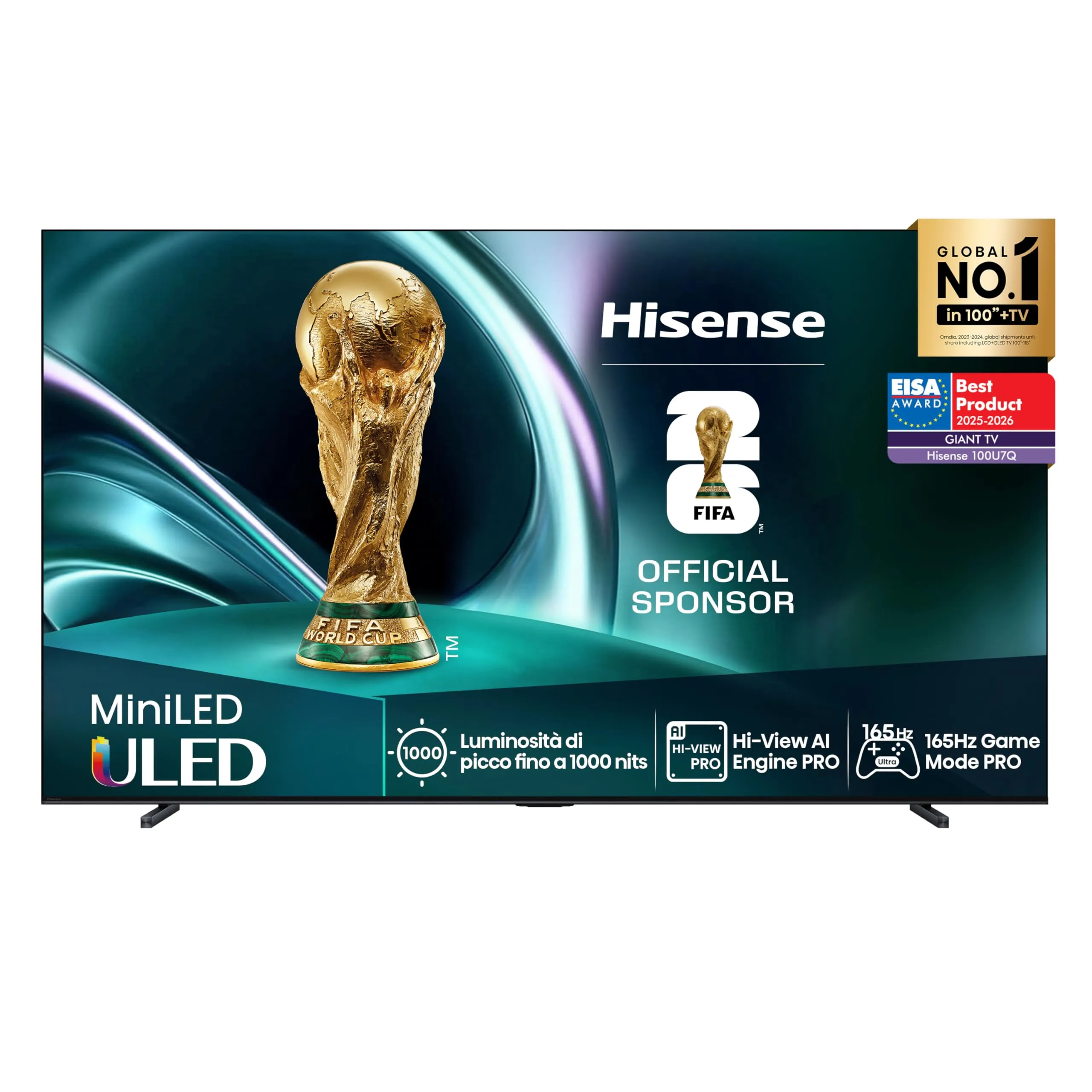 Hisense TV 100" Mini-LED 165Hz 4K 2025 100U7Q, Matte Display, Smart TV VIDAA U9 con 1000+APP, Dolby Vision IQ, HDR 10+ Adaptive, 165Hz Game Mode Ultra, Dolby Atmos 2.1 con Subwoofer, Alexa Built-in