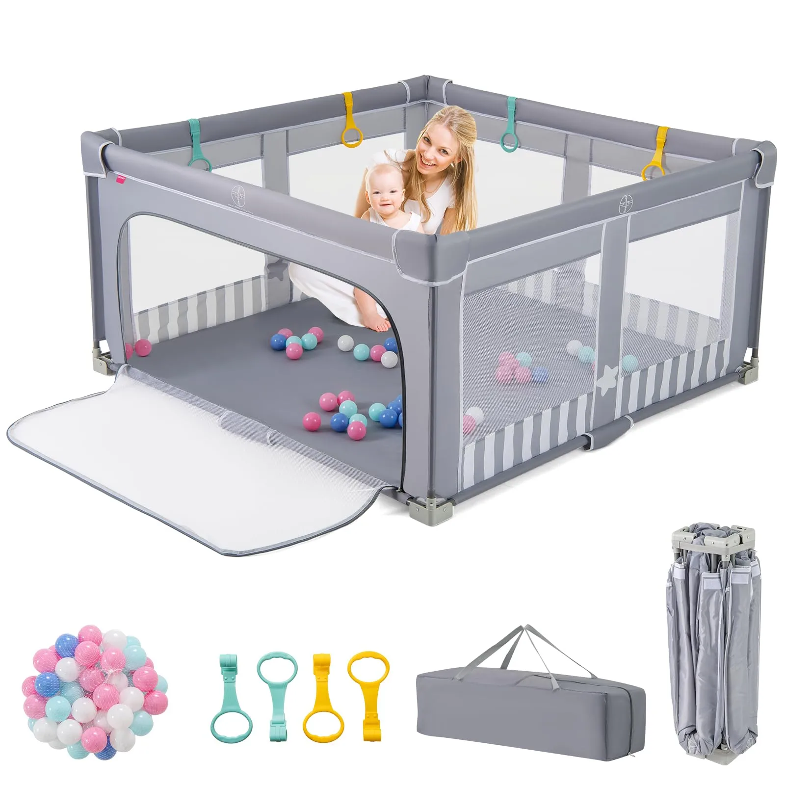 COSTWAY Box per Bambini 150 x 150 cm, Recinto per Bambini Pieghevole in Tessuto Oxford con Rete Traspirante, Box per Neonati con Giochi che Include 50 Palline, 4 Pezzi Anelli e Borsa (Grigio)