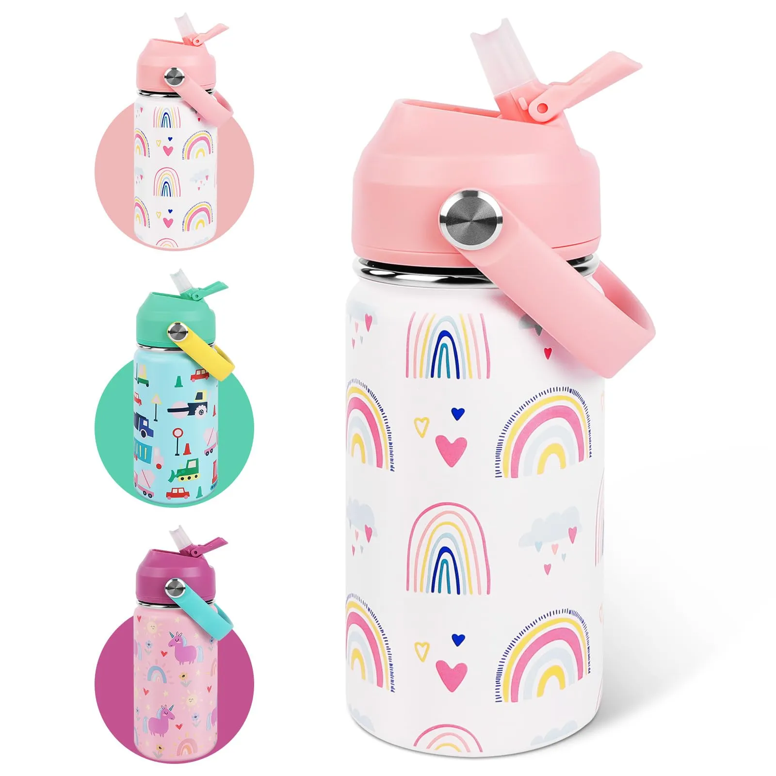 AMFUN Borraccia Bambini Acciaio Inox con Cannuccia, 350ml Borraccia per Bambino, Senza BPA Thermos, Bottiglia Termica per Bambini, Bottiglia d'Acqua a Prova di Perdita per Scuola Asilo Campeggio