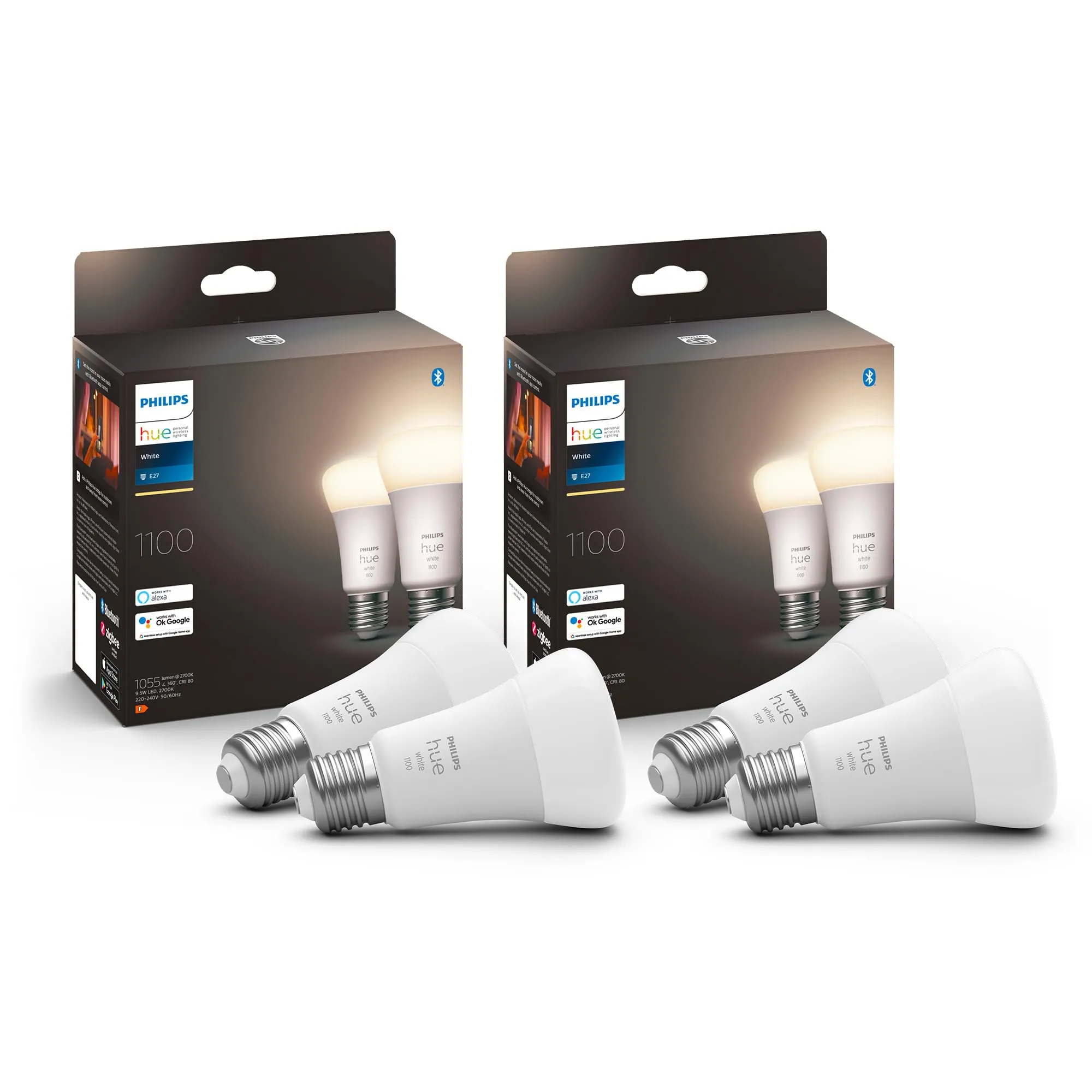Philips Hue White 4 Lampadine Smart LED, Attacco E27, 9.5W, Luce Bianca, Dimmerabile, Controllo con Bluetooth e Hue App, Funziona con Alexa, Google Assistant e Apple HomeKit