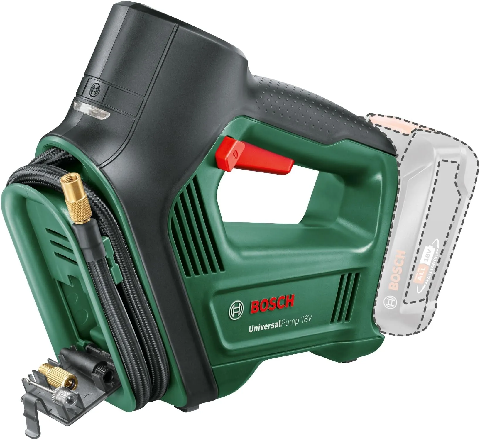 Bosch Home and Garden 0603947100 Bosch Compressore d'Aria Elettrico con Pompa Pneumatica UniversalPump (Senza Batteria, Per Pneumatici, Confezione cartone), 18 V, 150 PSI, 10.3 bar, 246 x 181 mm
