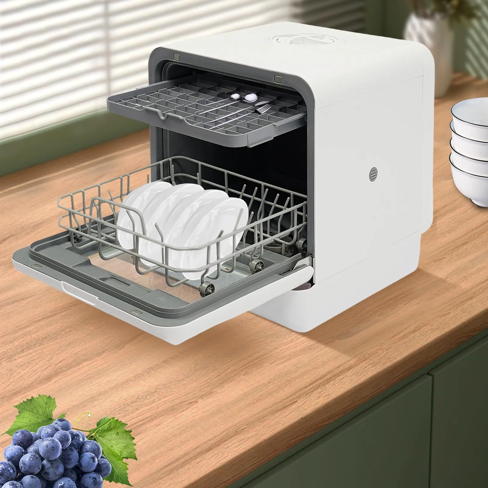 Xigner Lavastoviglie da 6 l, mini lavastoviglie 1100 W, piccola lavastoviglie 72 °C, igiene ad alta temperatura, 4 programmi, lavastoviglie da tavolo per appartamenti, campeggio, camper, bianco