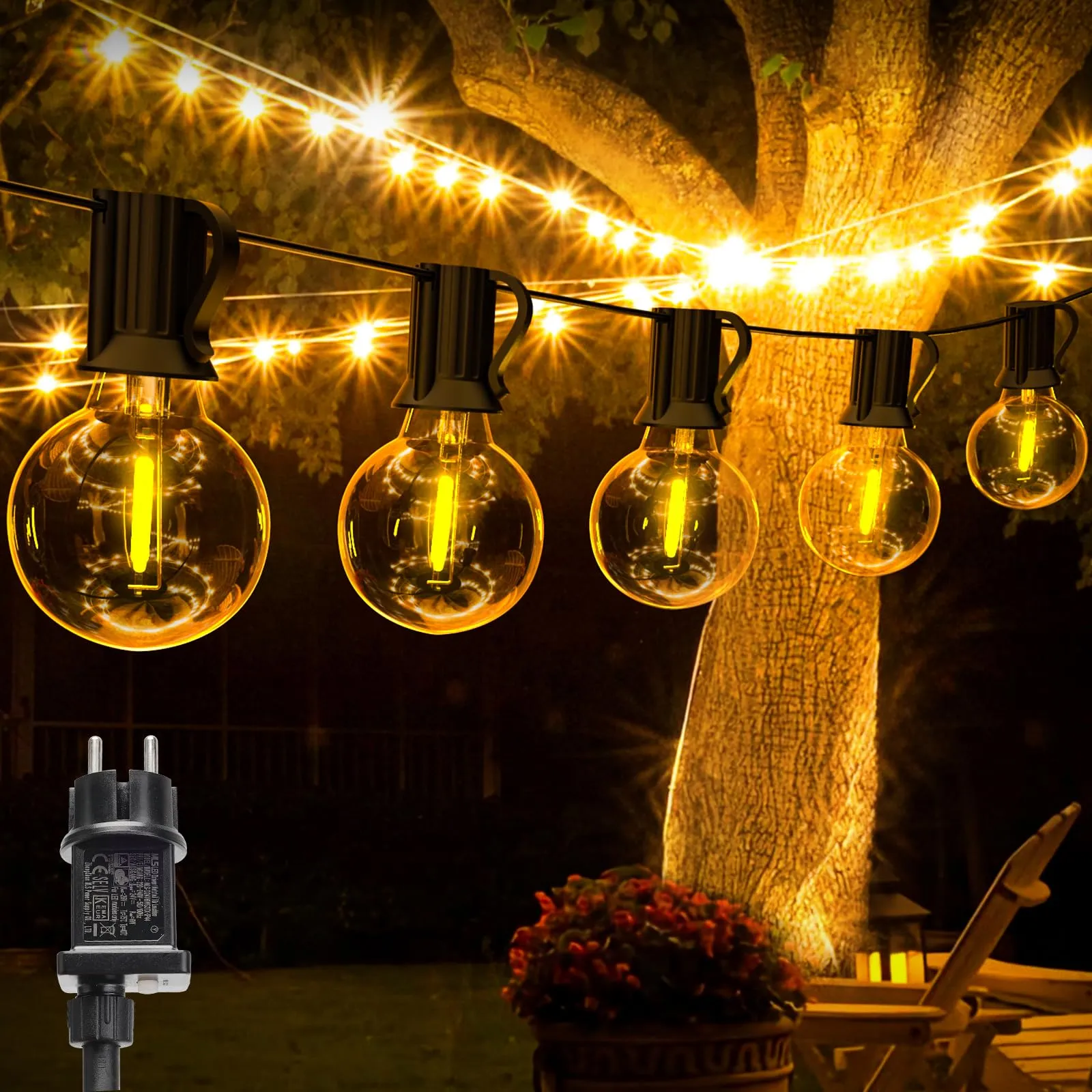 Catena Luci da Esterno Giardino, 10M/33FT G40 IP44 Impermeabile Catena Luminosa Esterno, Luce Regolabile 15+1 LED Lampadine Esterno Filo Luce Calda, Lampade Esterno Giardino per Terrazzo, Gazebo