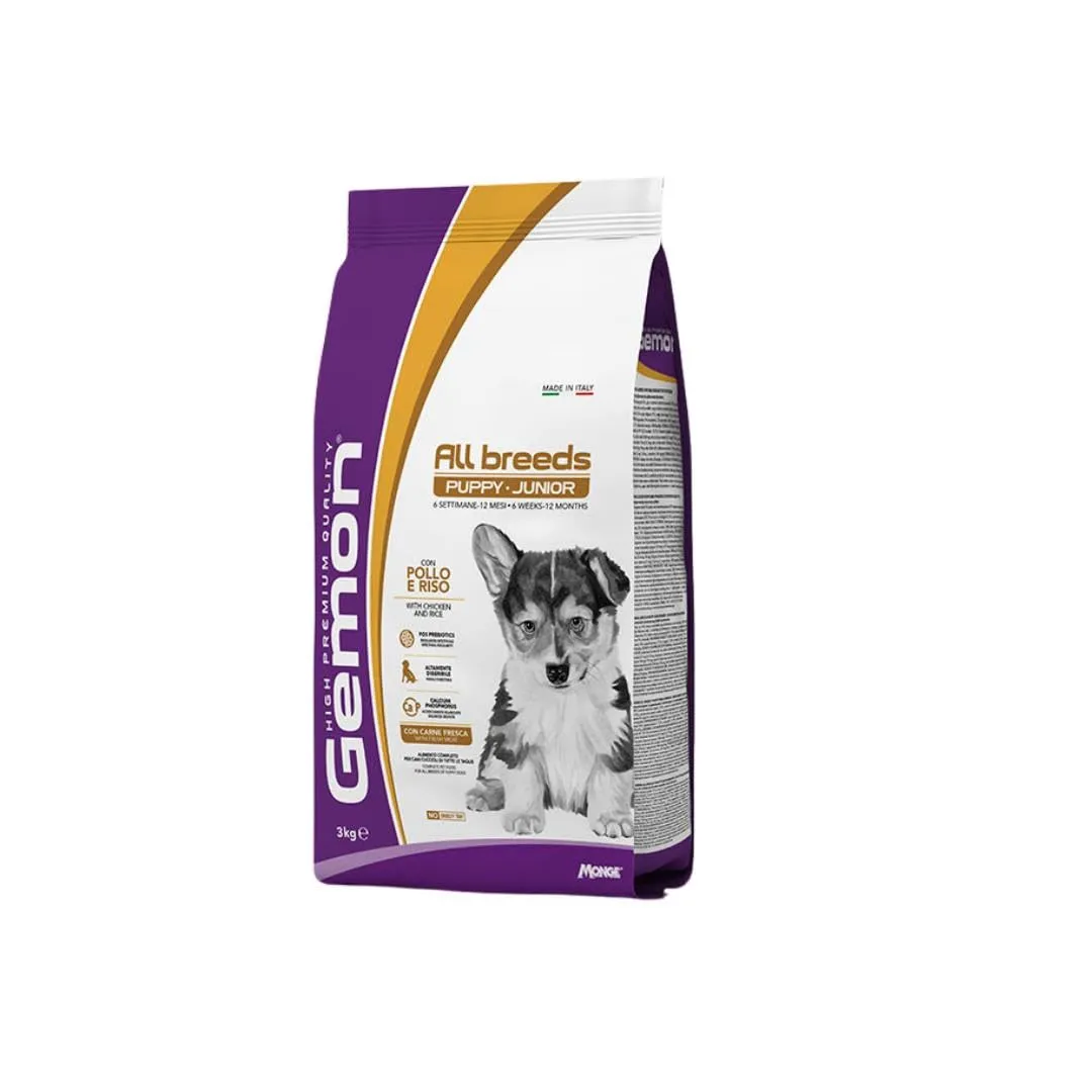 Gemon All Breeds Cane Puppy Junior Pollo e Riso 3kg, alimento completo secco per cani cuccioli di tutte le taglie, confezione da 3kg.