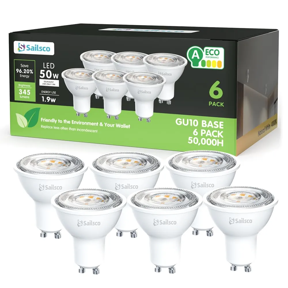 sailsco Classe A Lampadine GU10 LED Spot,1.9W (Equivalenti a 50W),345 Lumen,4000K Bianco Caldo,Risparmio Energetico LED GU10,Lunga Durata,Basso Consumo,36° Angolo del Fascio,Non Dimmerabile,6 Pezzi
