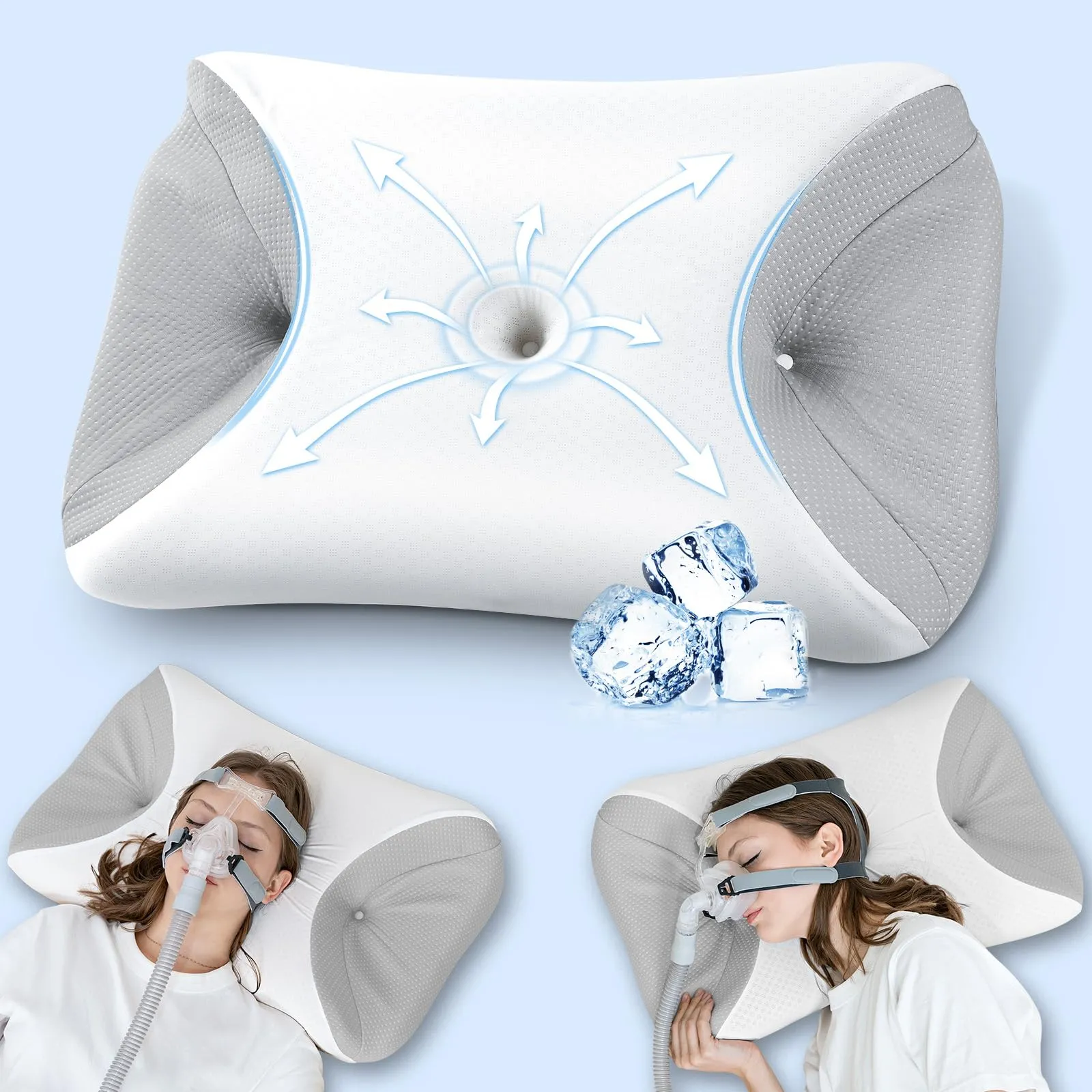 HOMCA Cuscino CPAP, Cuscino Cervicale Ergonomico in Memory Foam per Tutte le Maschere CPAP con Federa di Raffreddamento, Riduce le Perdite D'aria e la Pressione Della Maschera, 65x40x9/11cm