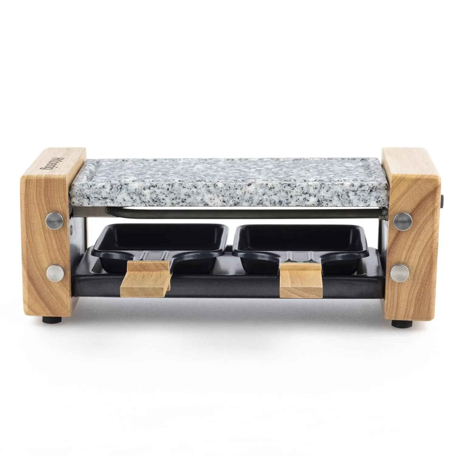 H.Koenig Raclette Duo Multifunzione per 2 persone WOD2 Design in legno naturale, pietra in granito rimovibile, fonduta professionale per raclette, 2 padelle antiaderenti, 2 spatole in legno