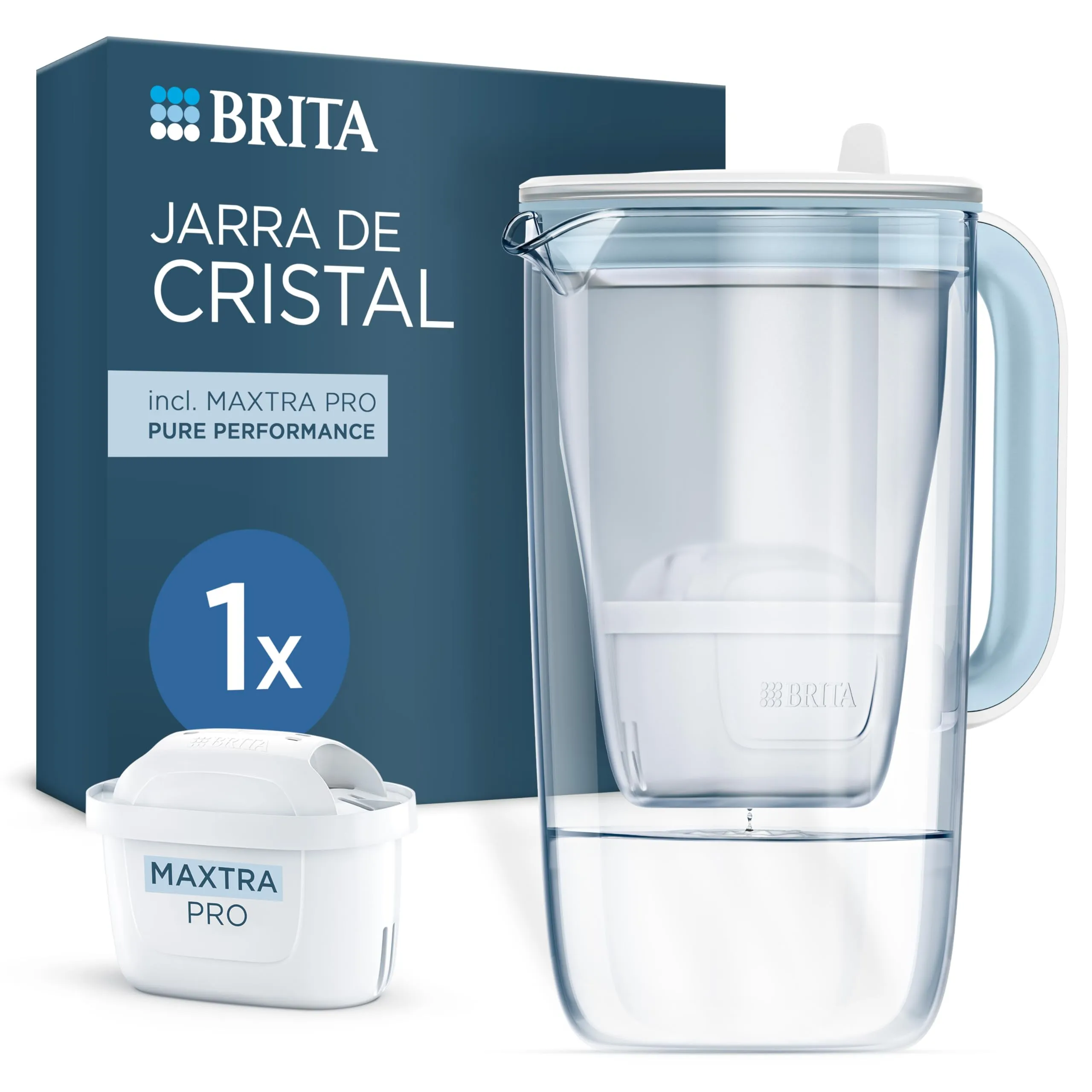 BRITA Caraffa filtro vetro blu (2,5l) incl 1 cartuccia filtro acqua rubinetto MAXTRA PRO All-in-1 riduce PFAS*, calcare, cloro, alcune impurità e metalli indicatore tempo e volume versato