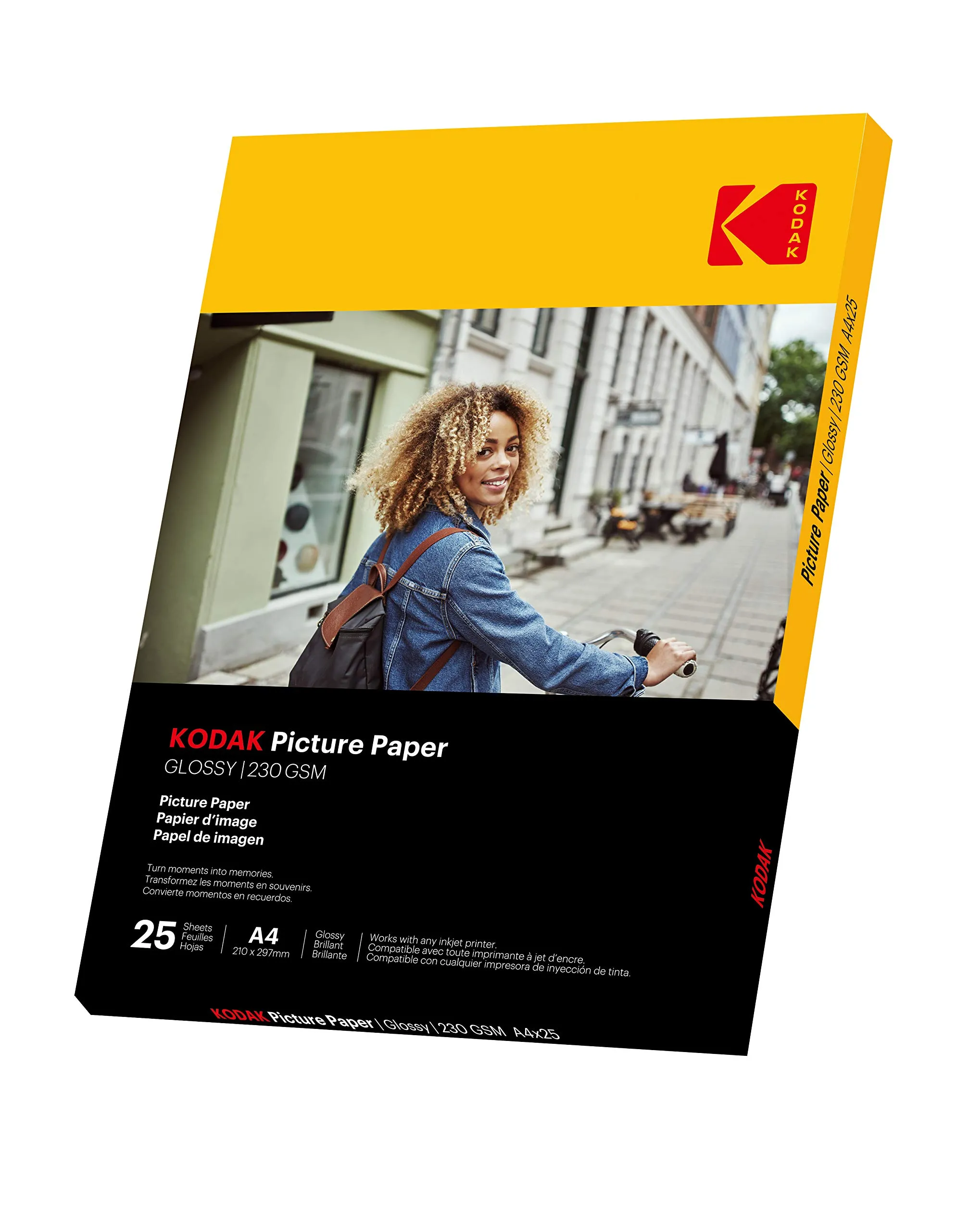 KODAK Picture Paper - Carta Fotografica Lucida, Confezione da 25 Fogli, Formato A4 (21x29,7 cm), 230g/m², Ideale per Stampa a Inchiostro, Colori Vivaci e Contrasto Elevato, Finitura Alta Qualità