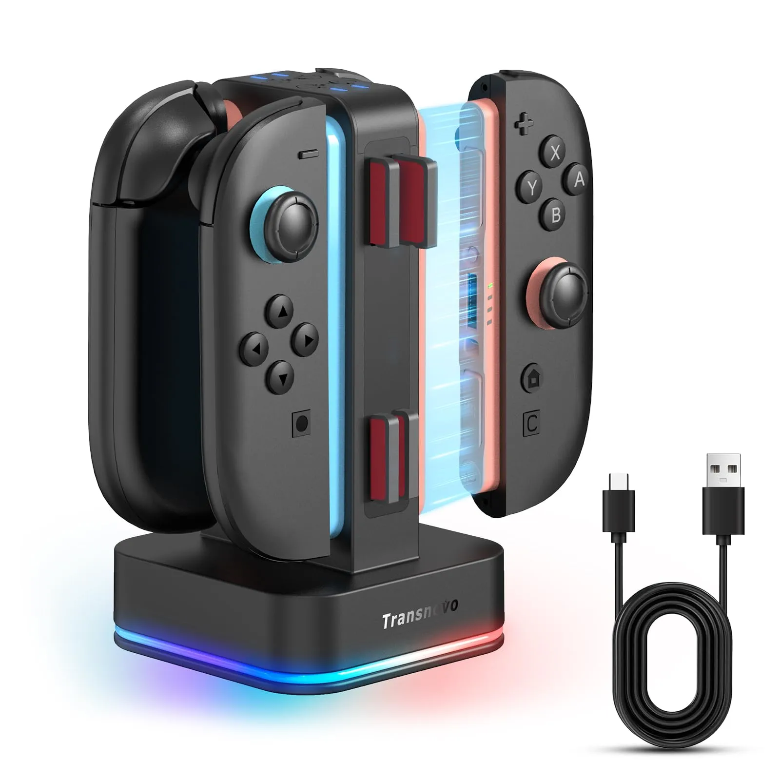 TRANSNOVO Caricatore Compatibile con Nintendo Switch 2, Stazione di Ricarica 4 in 1 con 8 Alloggiamenti, Indicatore LED, 9 Modalità di Luce RGB Gaming, Ricarica Simultanea per 1-4 Joycons
