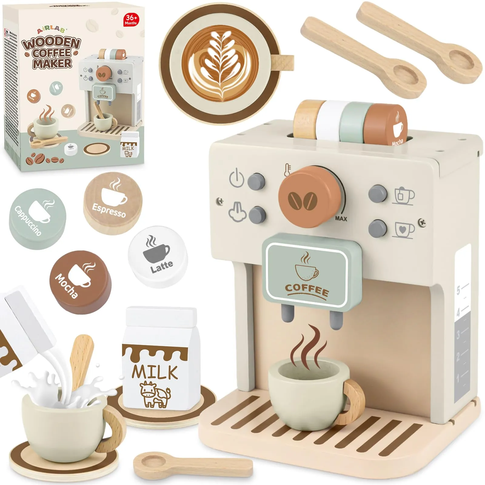 Airlab Macchina Caffè Giocattolo, Accessori Cucina Giocattolo Legno per Bambina Bambini, Set Cibo Finto Giocattolo per Cucina Bambini, Regalo Bambino Compleanno Pasqua Halloween Natale 3 4 5+ Anni