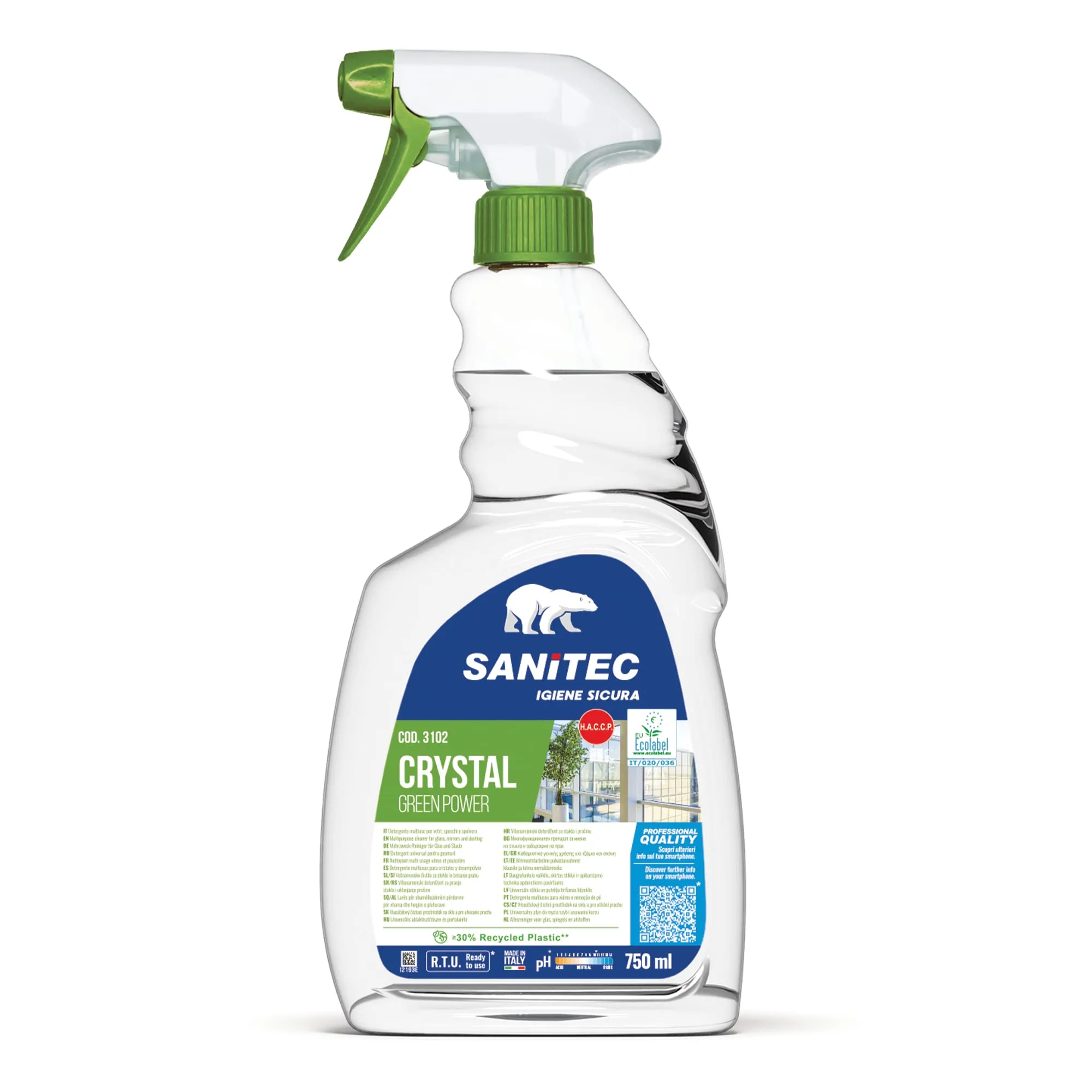 SANITEC igiene sicura Vetri Green Power - Detergente Spray Ecologico Multiuso per Vetri, Cristalli e Specchi - 750 ml