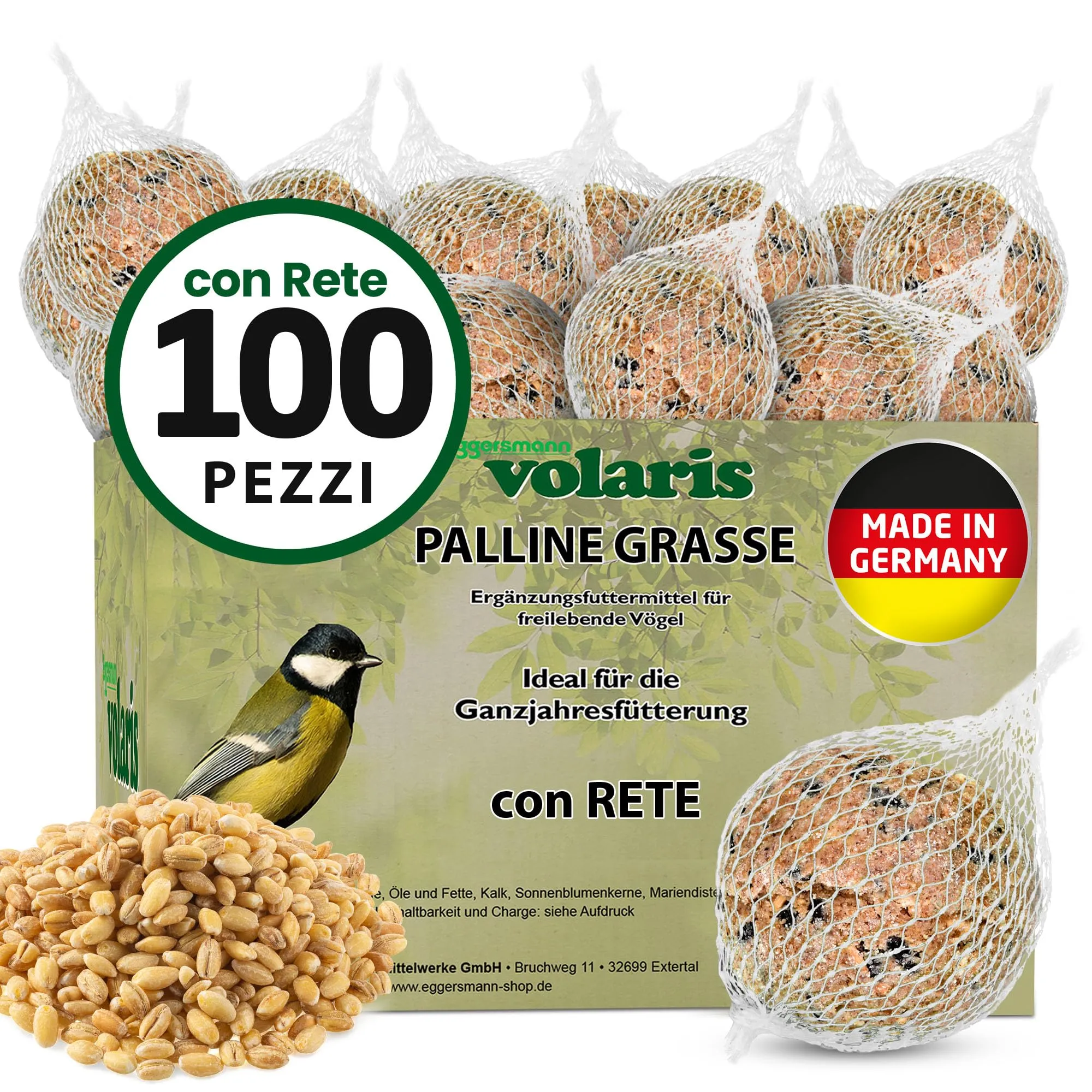 Eggersmann Volaris Palla di grasso per uccelli - 100 pezzi con rete 9 kg - Alimentazione tutto l'anno per uccelli selvatici e altri - Giardino & Esterno