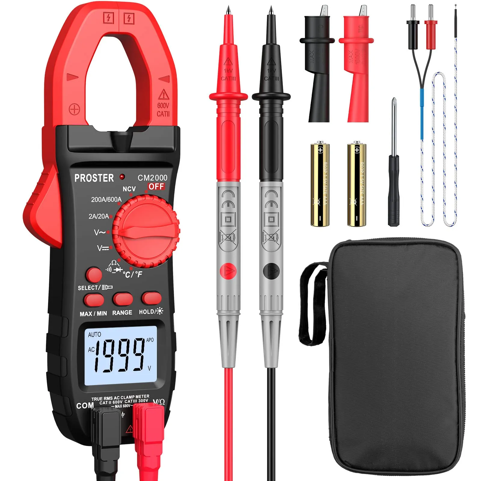 Proster Pinza Amperometrica 2000 Count TRMS 600A Multimetro Digitale con Retroilluminazione e Luce Test Temperatura AC Corrente AC/DC Tensione NCV Diodo Resistenza Continuità