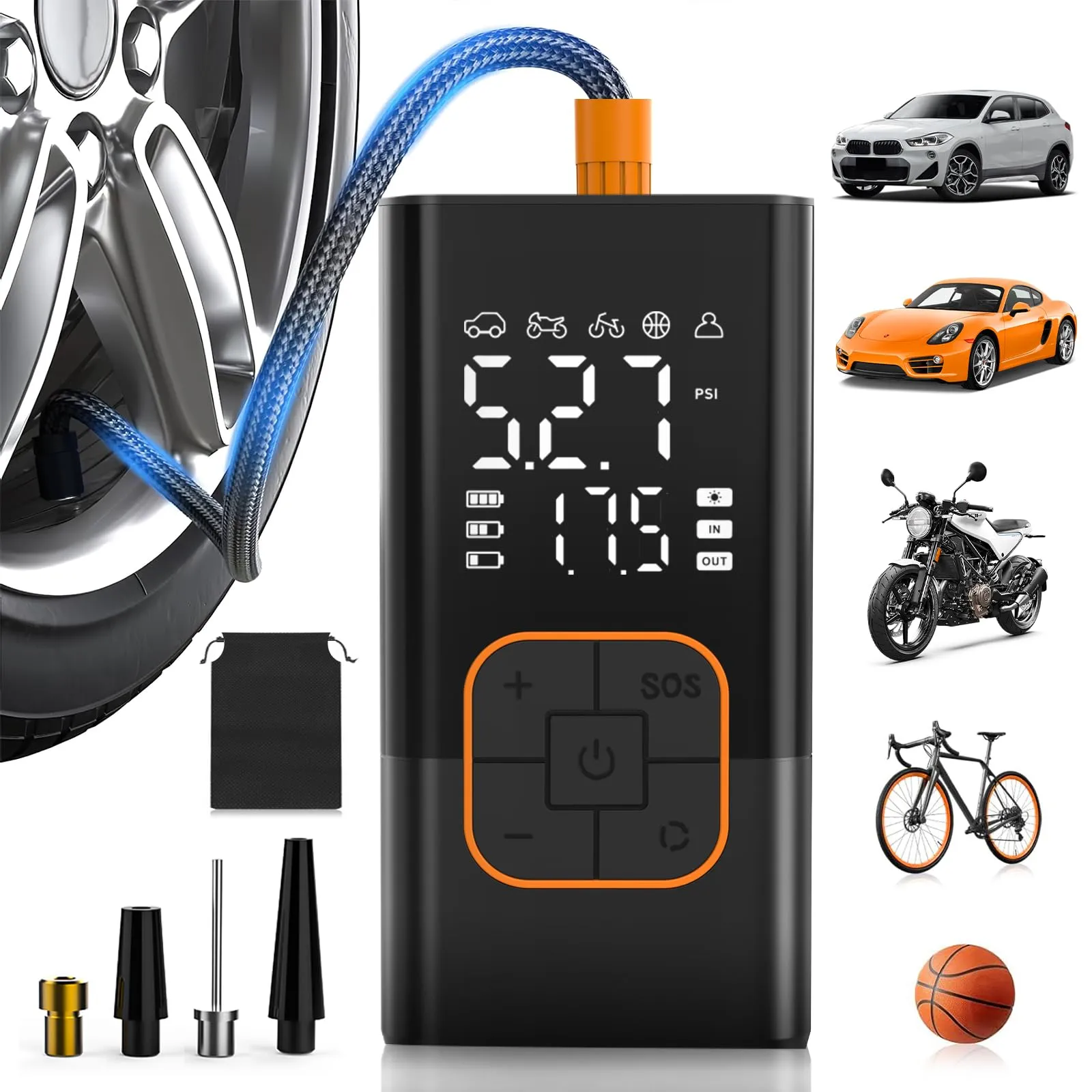 SFGSUP Compressore Aria Portatile 150 PSI, Mini Compressore Elettrico Portatile Senza Fili con Schermo Digitale e Torcia LED, per Auto, Moto, Bicicletta, Palla