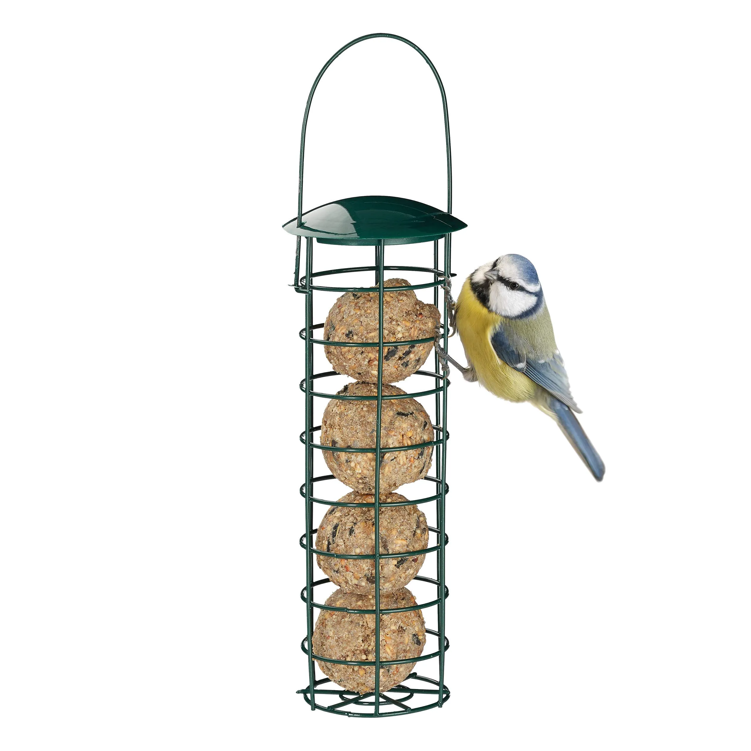 Relaxdays Mangiatoia per Uccelli Selvatici, da Appendere, Dispenser per Mangime, Coperchio, Ferro, 31 cm, Verde Scuro