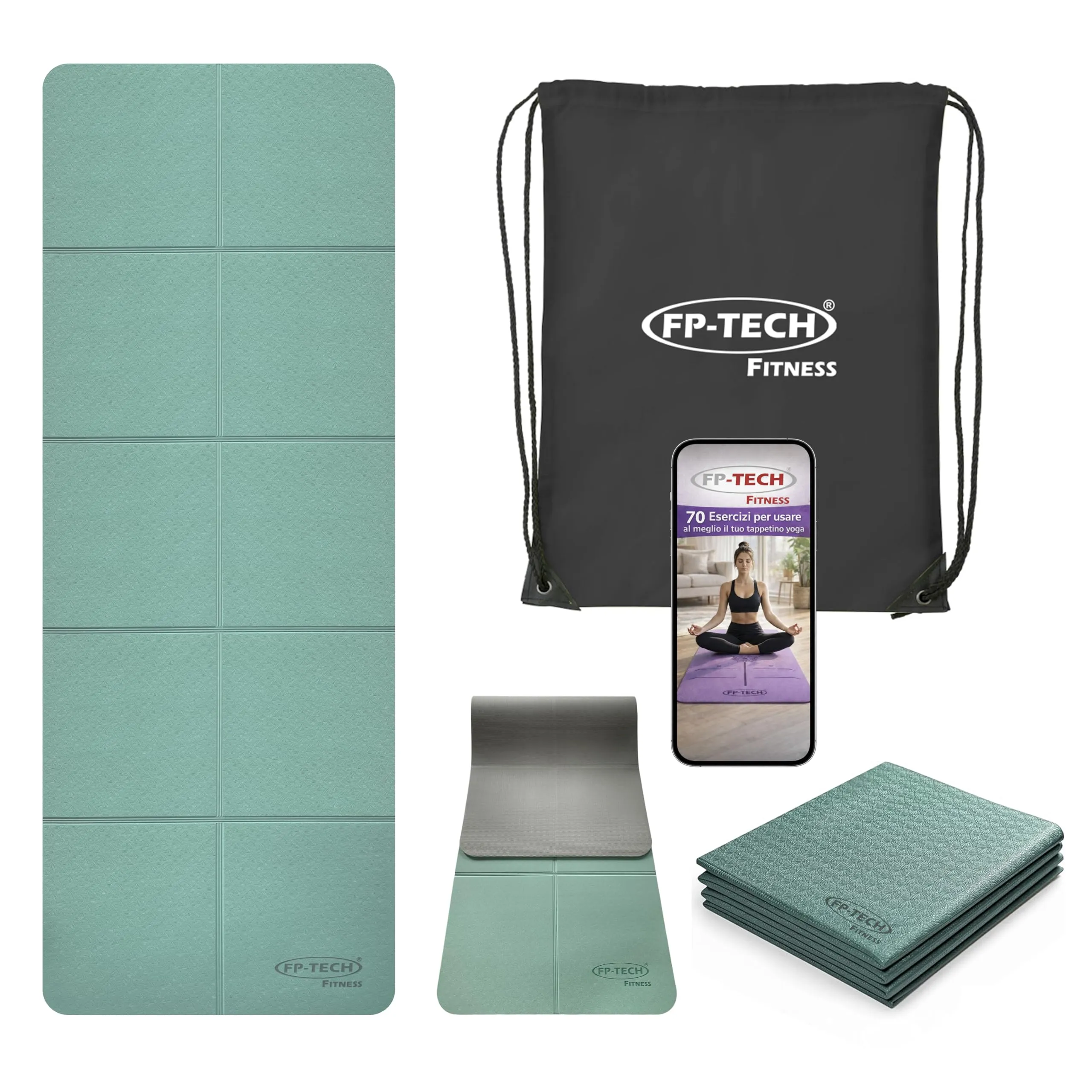 FP-TECH TAPPETINO DA YOGA IMBOTTITO ANTISCIVOLO FITNESS PILATES GINNASTICA IN TPE MAT CON SACCA 183 X 68 X 0.6 CM (Verde Acqua-Grigio-PIEGHEVOLE)