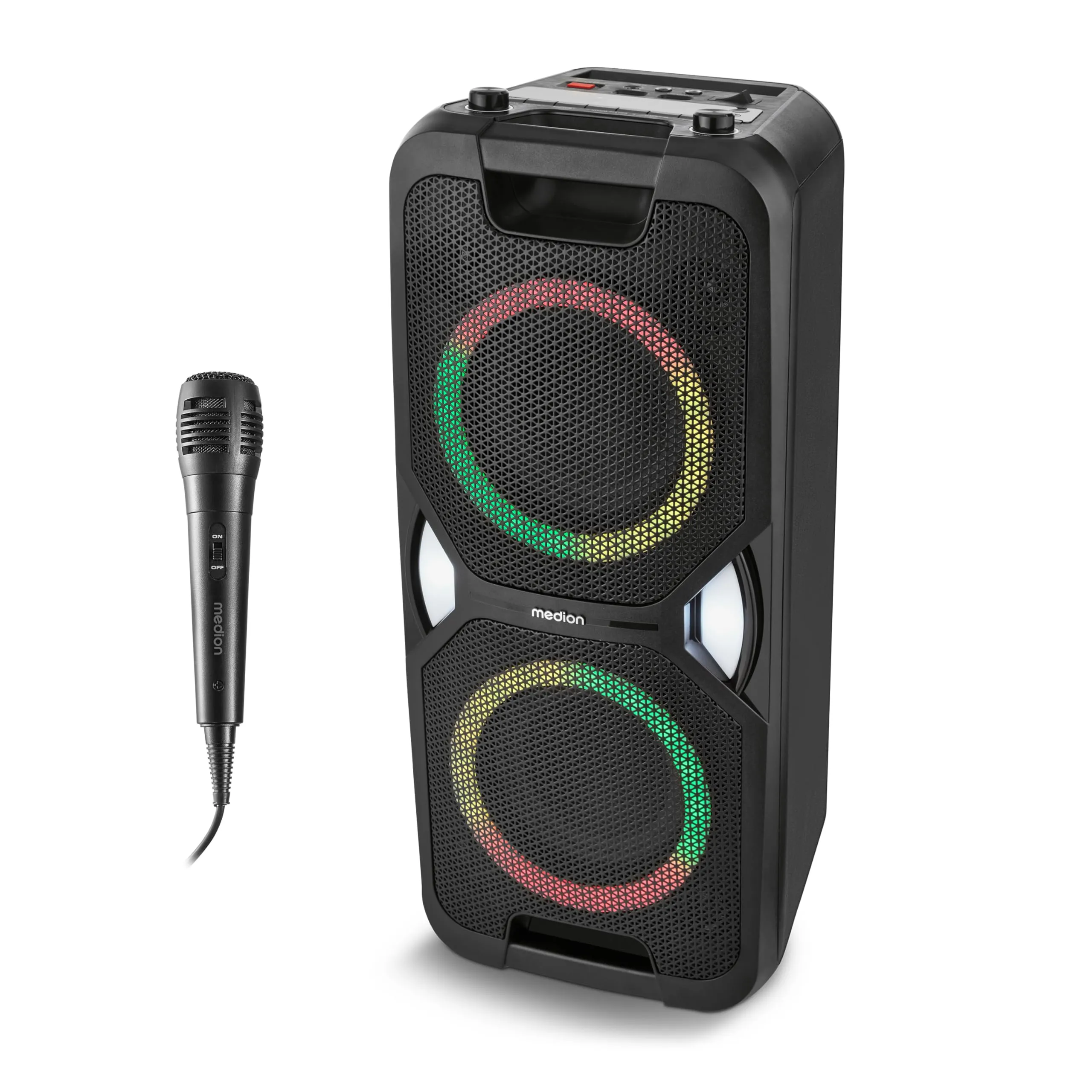 MEDION PE-1 Pure Partybox (batteria, con microfono, altoparlante Bluetooth portatile grande, cassa musicale con effetti luminosi, altoparlante party con karaoke, 2 ingressi microfono, AUX, USB, radio)