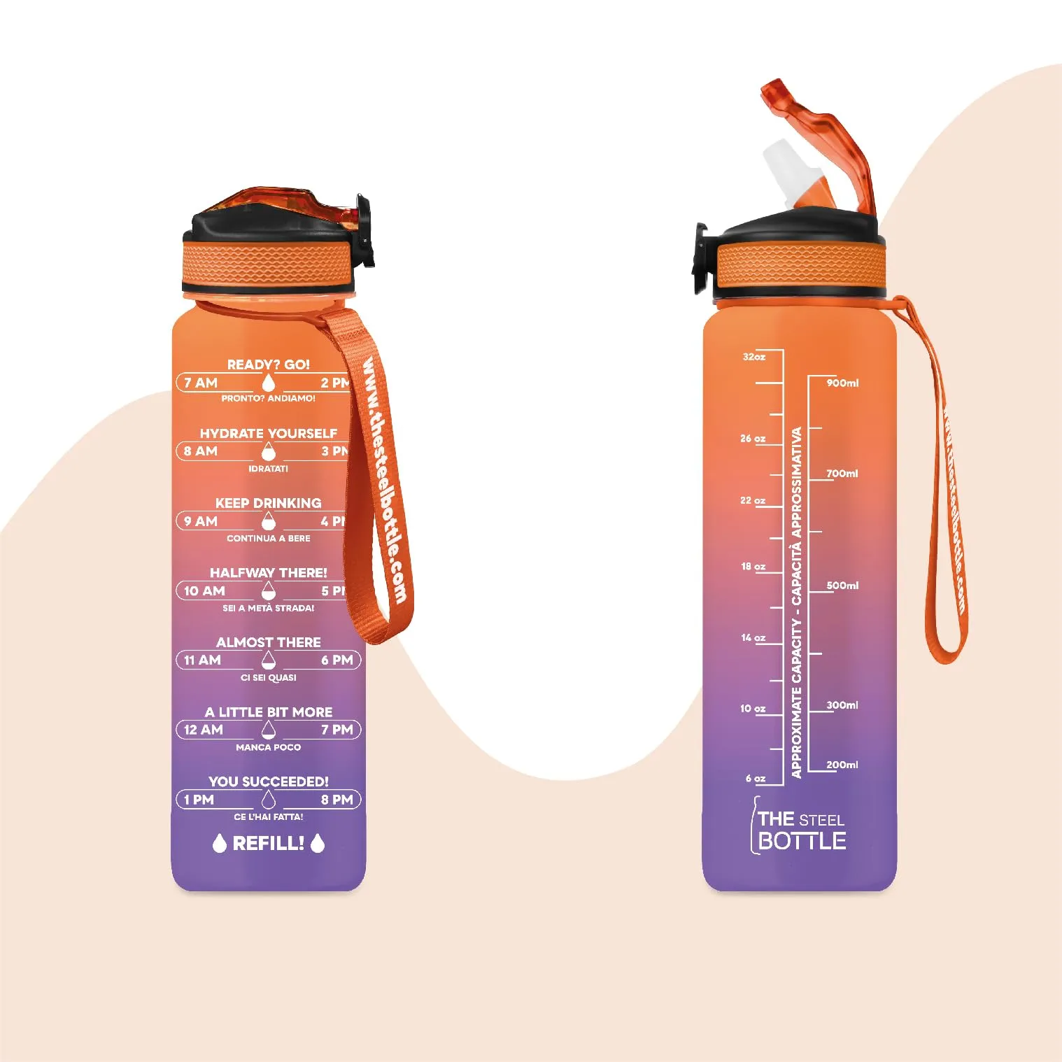 THE STEEL BOTTLE - Borraccia motivazionale 1 Litro con cannuccia e fasce orarie - BPA e Phthalate Free - Bottiglia chiusura ermetica - Ideale per sport, palestra campeggio (Purple & Peach)