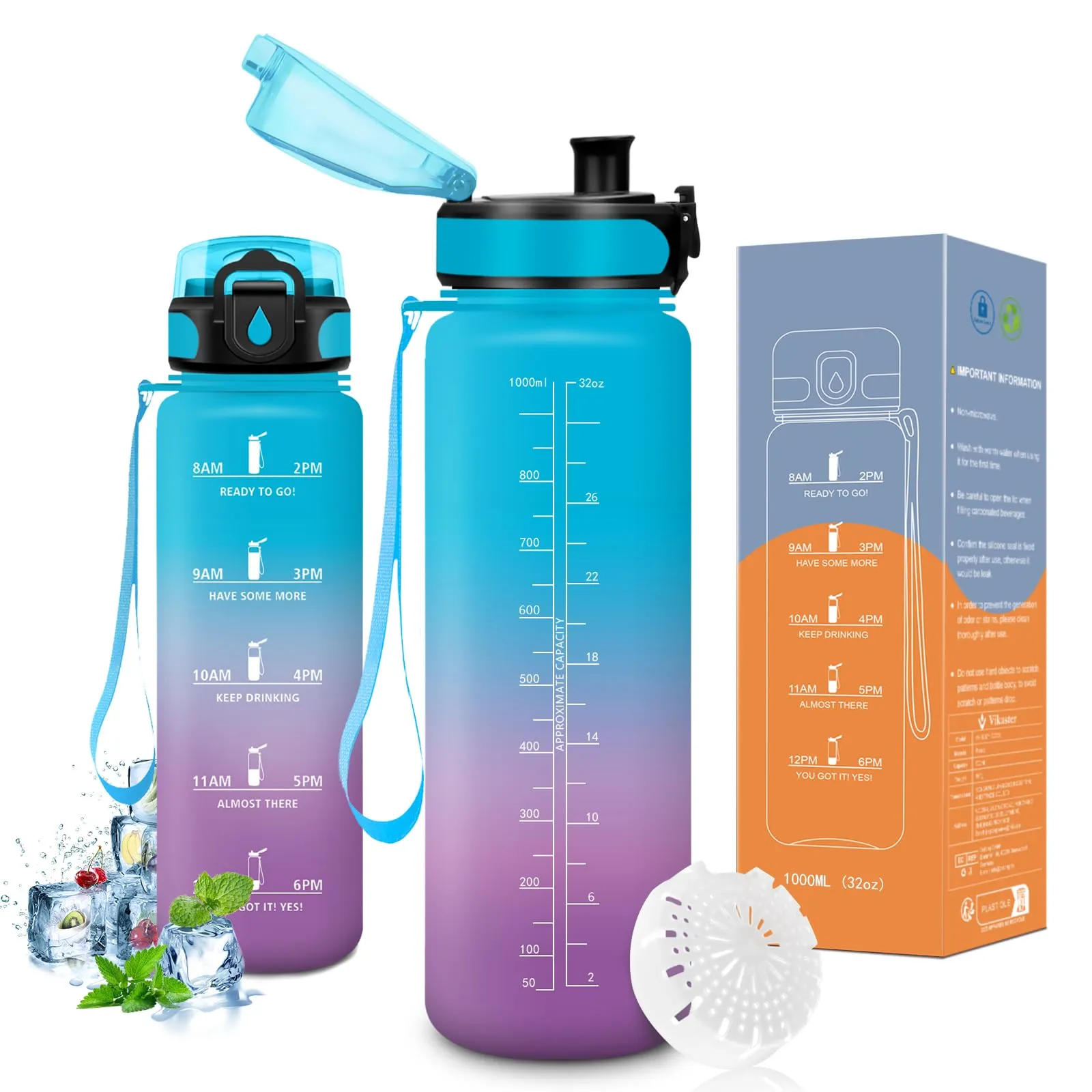 Vikaster Bottiglia acqua, Borraccia 1l, Senza BPA & Prova di Perdite, Bottiglia Acqua Bambini, Scuola, Bici, Palestra, Yoga, Ufficio