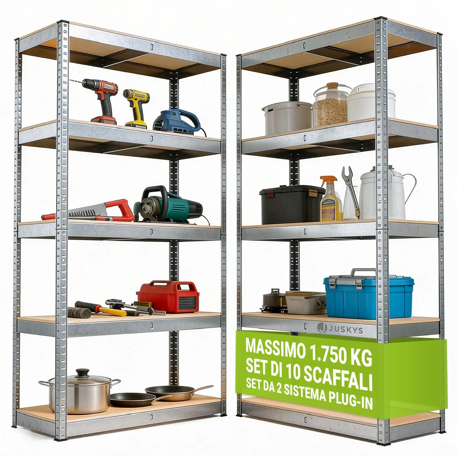 Juskys Set 2 scaffali Basic 2X 180x90x40 cm (AxLxP) | 1750 kg | 10 ripiani | struttura a incastro per officina, garage, cantina – metallo zincato