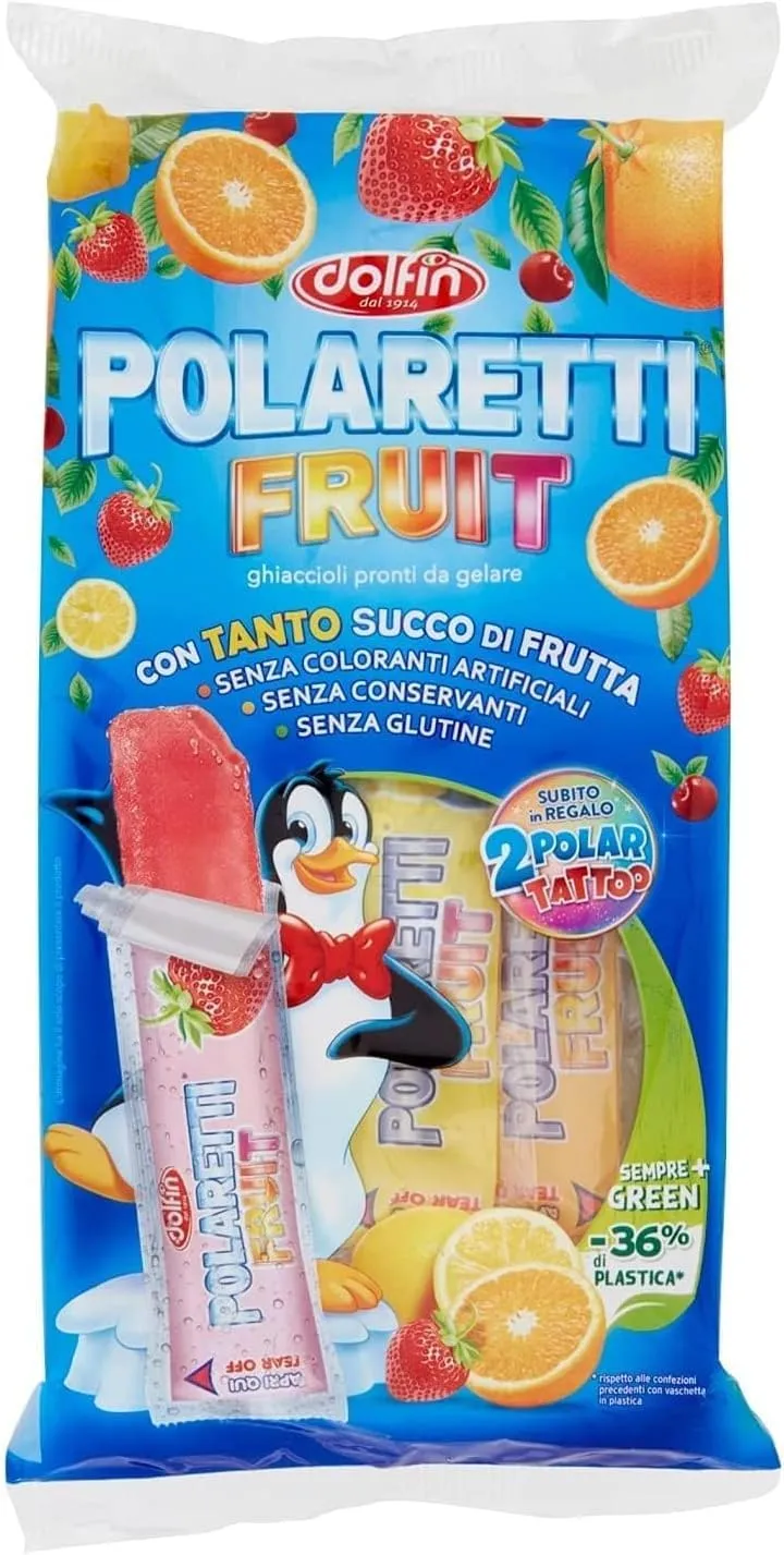Polaretti Ghiaccioli pronti da gelare con Sorpresa Fruit Green Dolfin con Succo di Frutta Lucgel, 50 pezzi