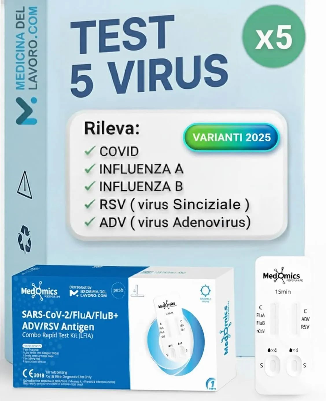 5 x Test Combo 5in1, Tamponi rapido covid 19 varianti 2025 + Influenza A o B + Virus RSV Sinciziale + Virus ADV Virus respiratorio Adenovirus, Test rapido Adulti e bambini, 5 pz