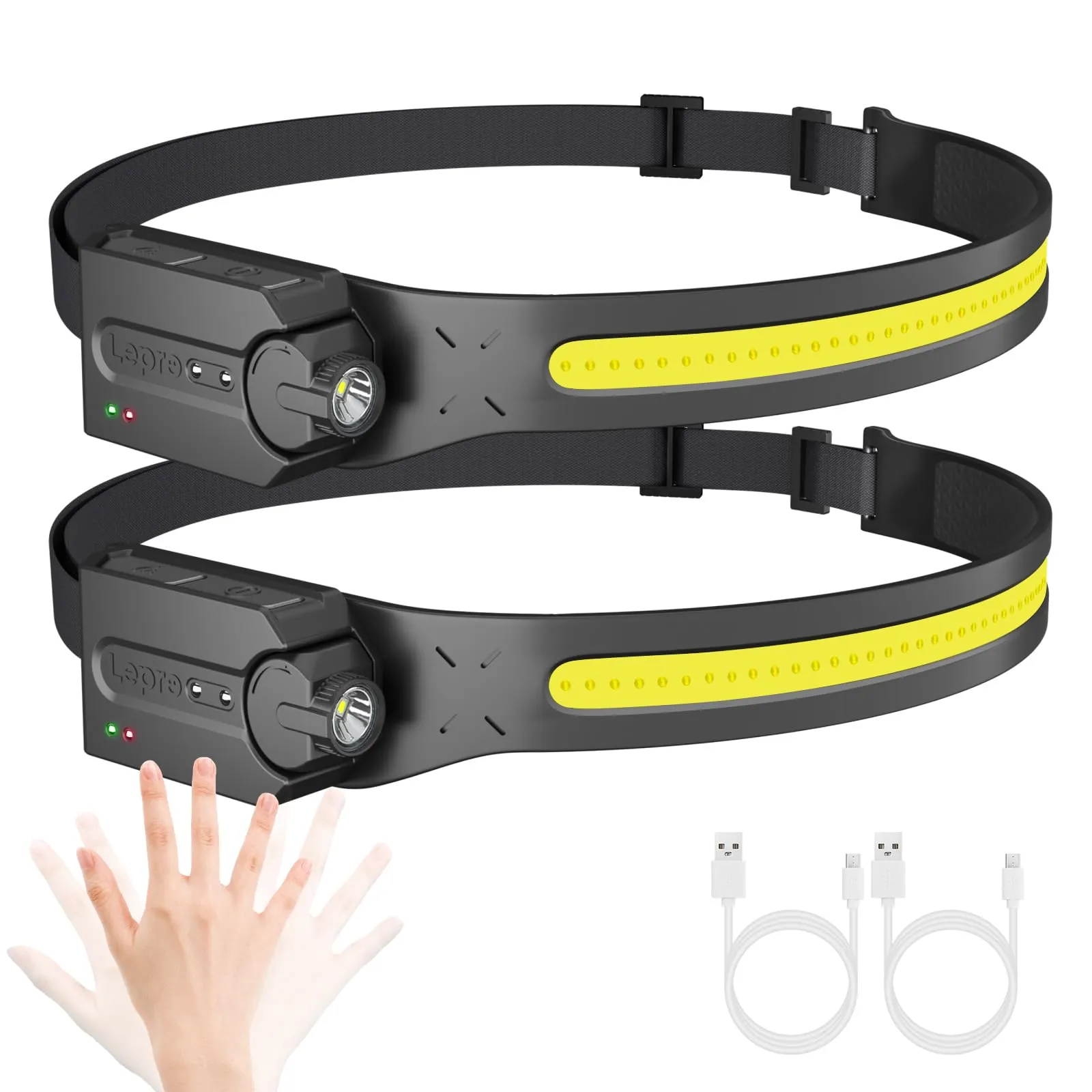 Lepro Torcia Frontale LED Ricaricabile, Lampada Frontale Super Luminosa, COB 230° ampia luce, 5 Modalità di Luce, IPX4 Impermeabile, Torcia da Testa per Campeggio, Corsa, Jogging, Trekking, 2pcs