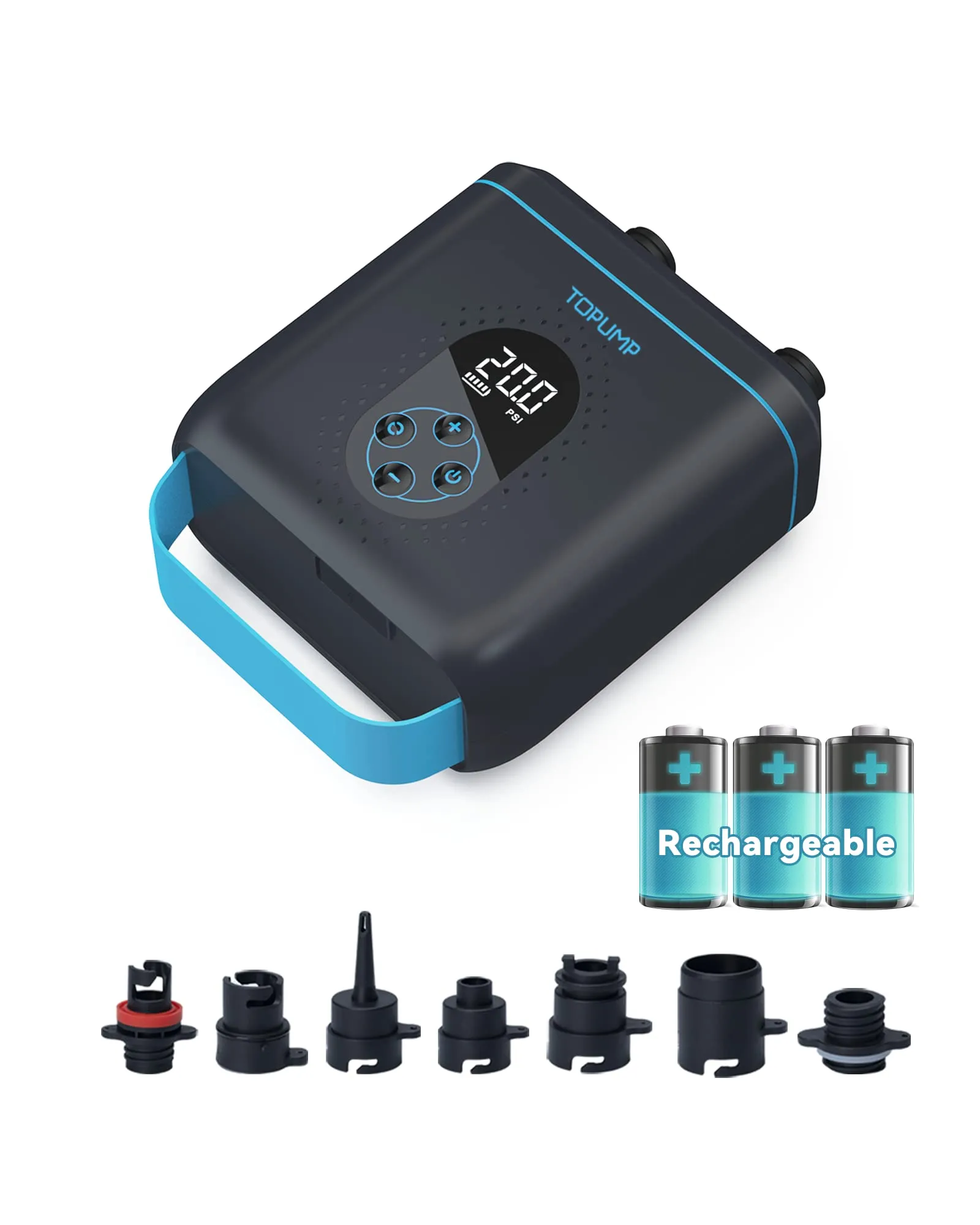 TOPUMP TPS260 Pompa SUP Ricaricabile, 20PSI Elettrica con Auto-Off, Gonfiaggio & Sgonfiaggio Doppio Stadio, Connettore 12V DC & Type-C per Paddle Board, Kayak, Ala & Aquilone, Tenda, Barca, Materasso