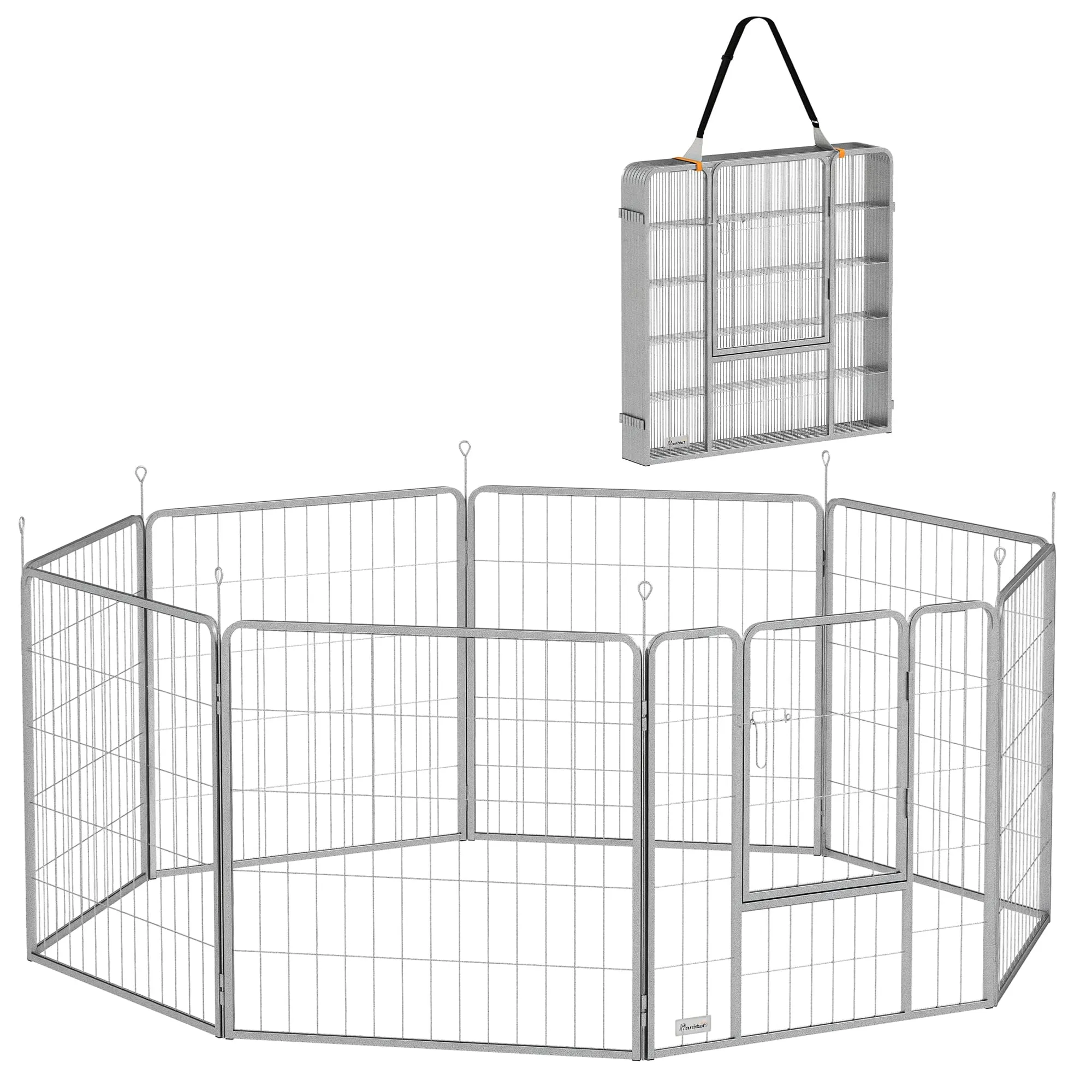 PawHut Recinto per Cani a 8 Pannelli Modulabili con Cinturino, Box per Cani Taglia Piccola e Media Pieghevole con Porta in Acciaio, Altezza 80 cm, Argento