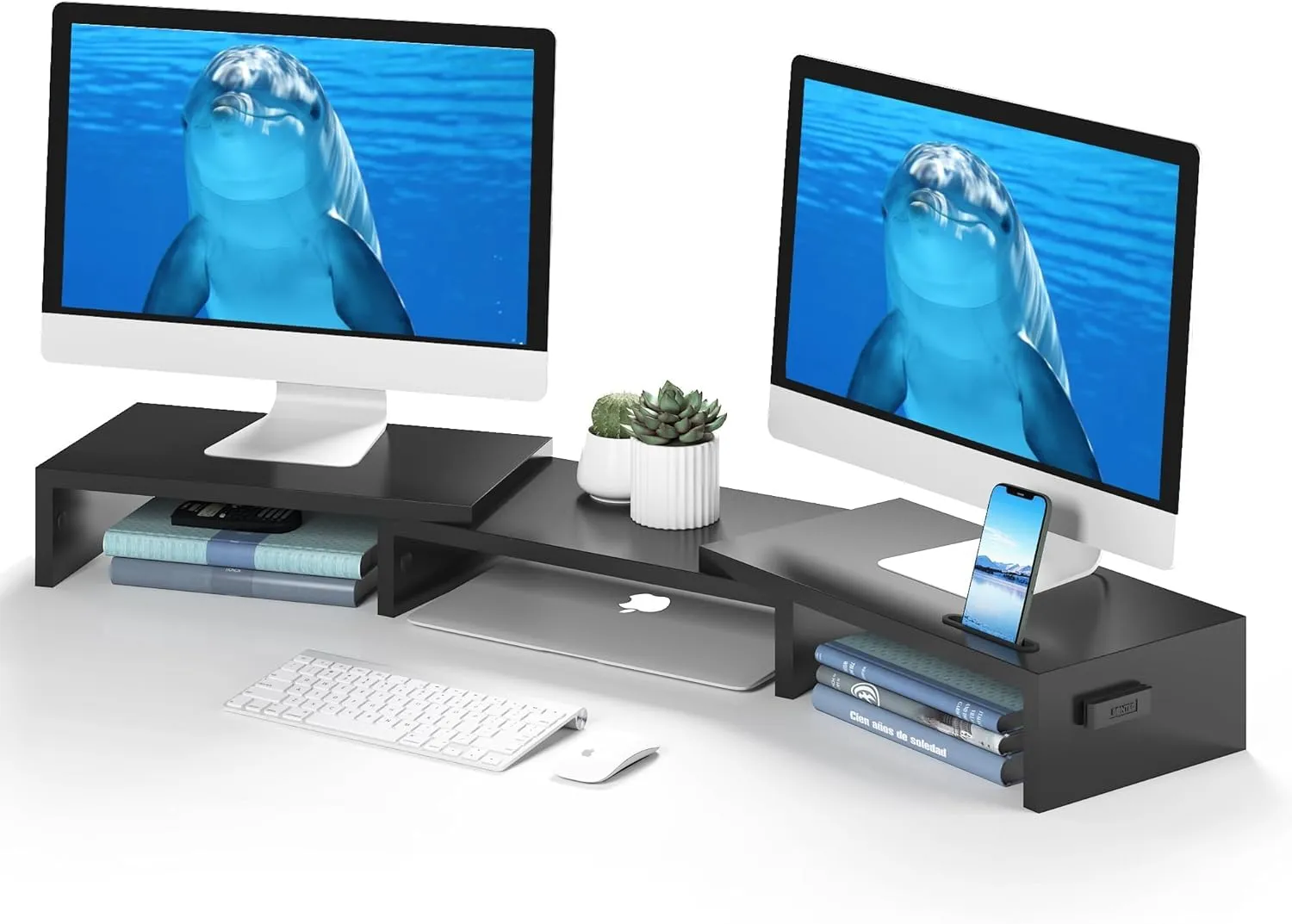 BONTEC Supporto per Doppio Monitor Stand Riser e Smartphone, Lunghezza Regolabile e Angolo di Rotazione in Legno, Organizer da Tavolo, nero