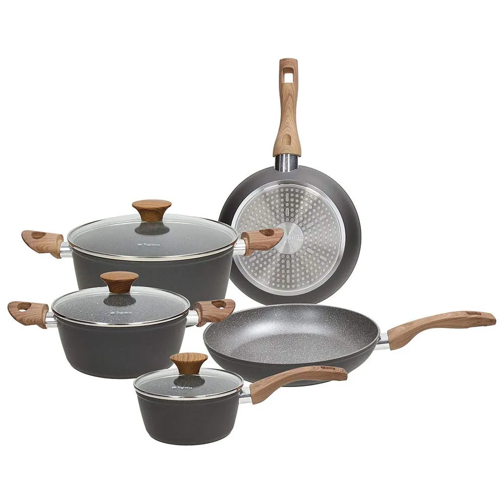 Tognana Great Stone, Batteria di pentole e padelle, Set con 2 padelle, 3 casseruole, 3 coperchi trasparenti, 8 Pezzi, Alluminio, Grigio
