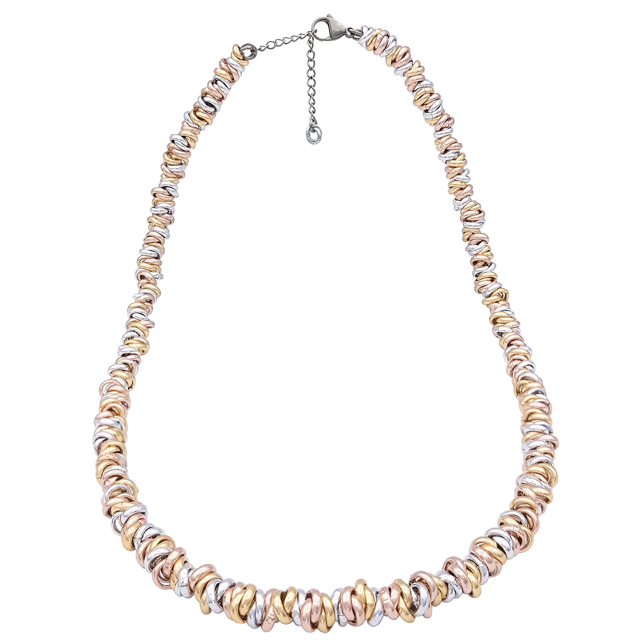 ParticolarModa Collana nodini intrecciati regolabile per donna in alluminio e acciaio spessore 6 mm (75 cm + 5 cm di catenella regolazione, Argentato/Dorato/Rosa)