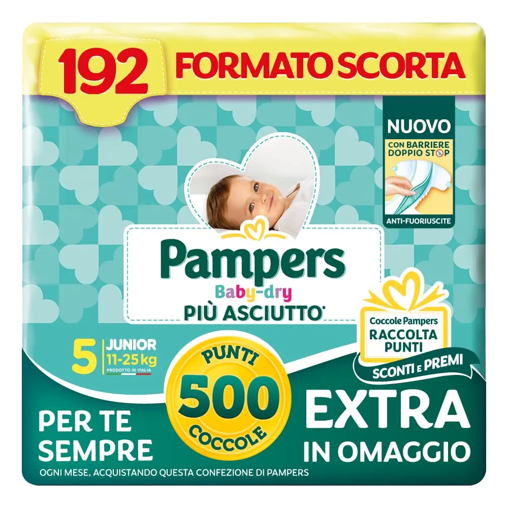 Pampers Baby Dry Junior, Taglia 5 (11-25 kg), 192 pannolini, con 500 Punti Coccole extra in omaggio