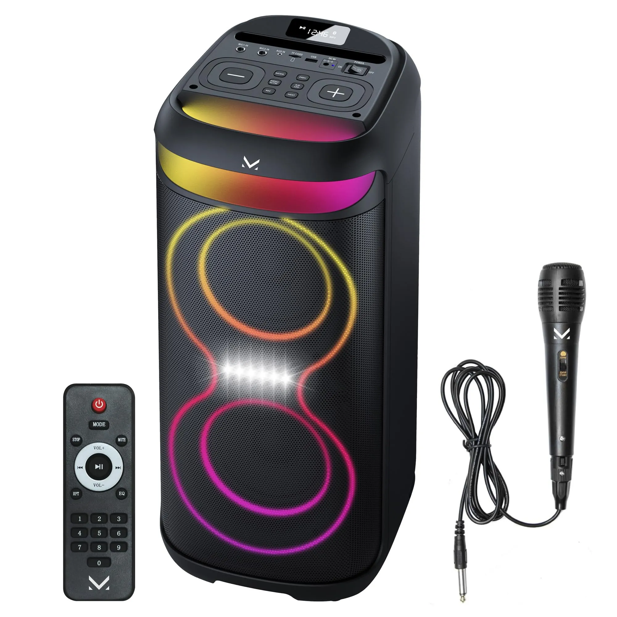 Majestic FIRE 38 – Speaker Wireless audio 5.3, Luci LED multicolor 6 effetti, ingressi USB/Micro SD/AUX/Mic, TWS, batteria ricaricabile, telecomando e microfono a filo inclusi