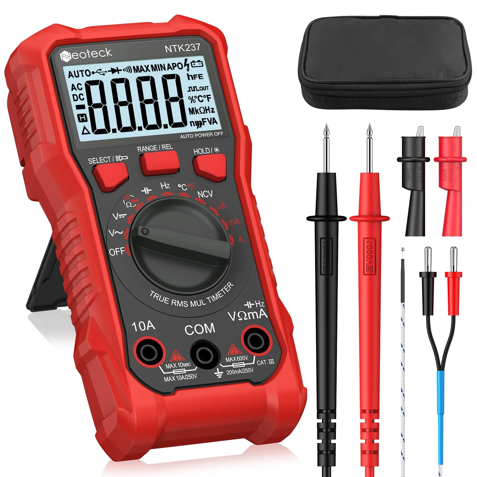 Neoteck Multimetro Digitale 2000 Conteggi AC DC Corrente Tensione Resistenza Capacitanza NCV Frequenza Temperatura con Clip a Coccodrillo Tester Elettricista Con Display Retroilluminato - Rosso