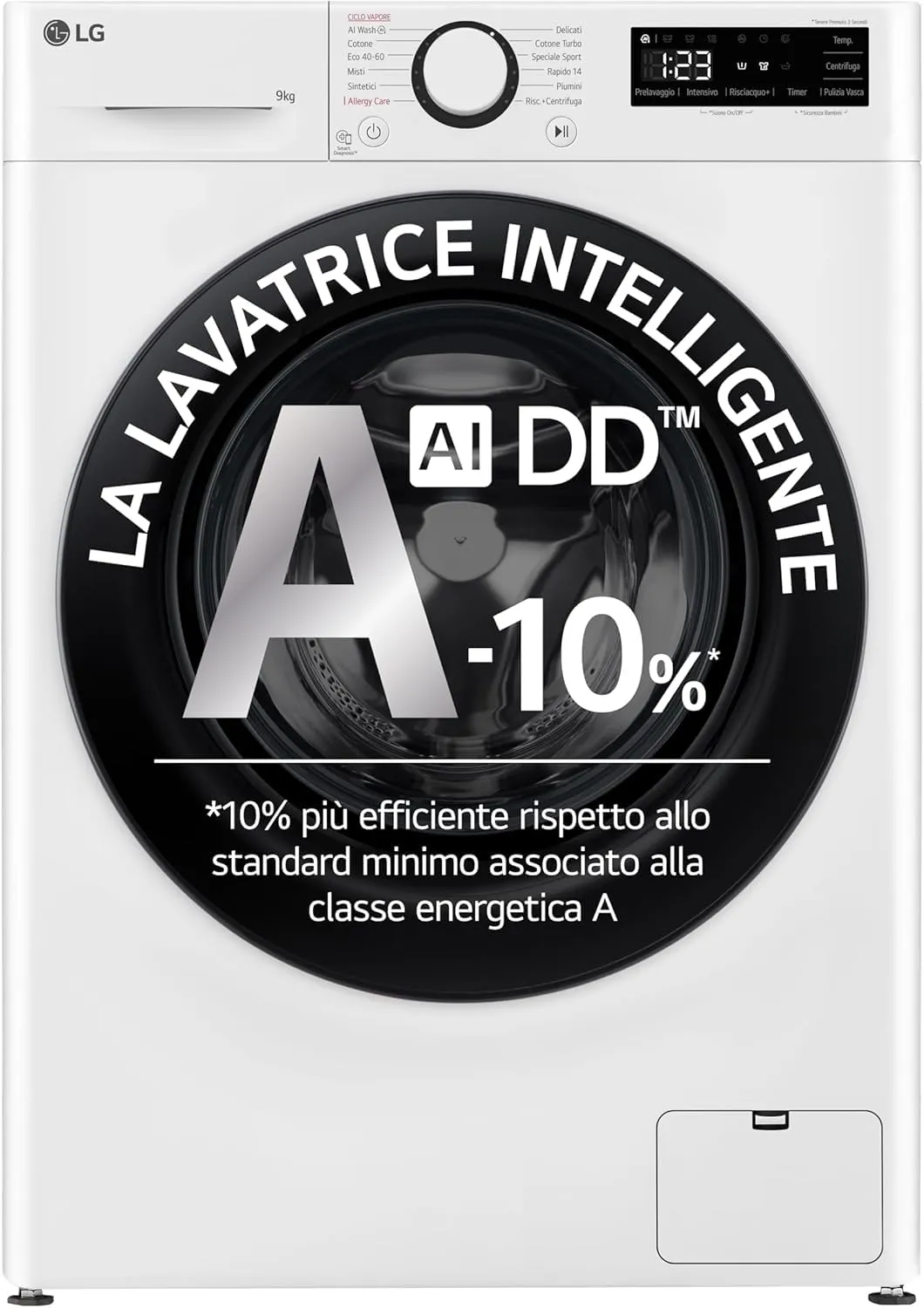LG AI DD F2R3S09NSWB Lavatrice Slim, Carica Frontale, Lavatrice 9kg , Classe A -10%, 1200 giri, Lavaggio a Vapore, AI Wash, Motore Inverter Direct Drive, Smart Diagnosis, Libera Installazione, Bianca